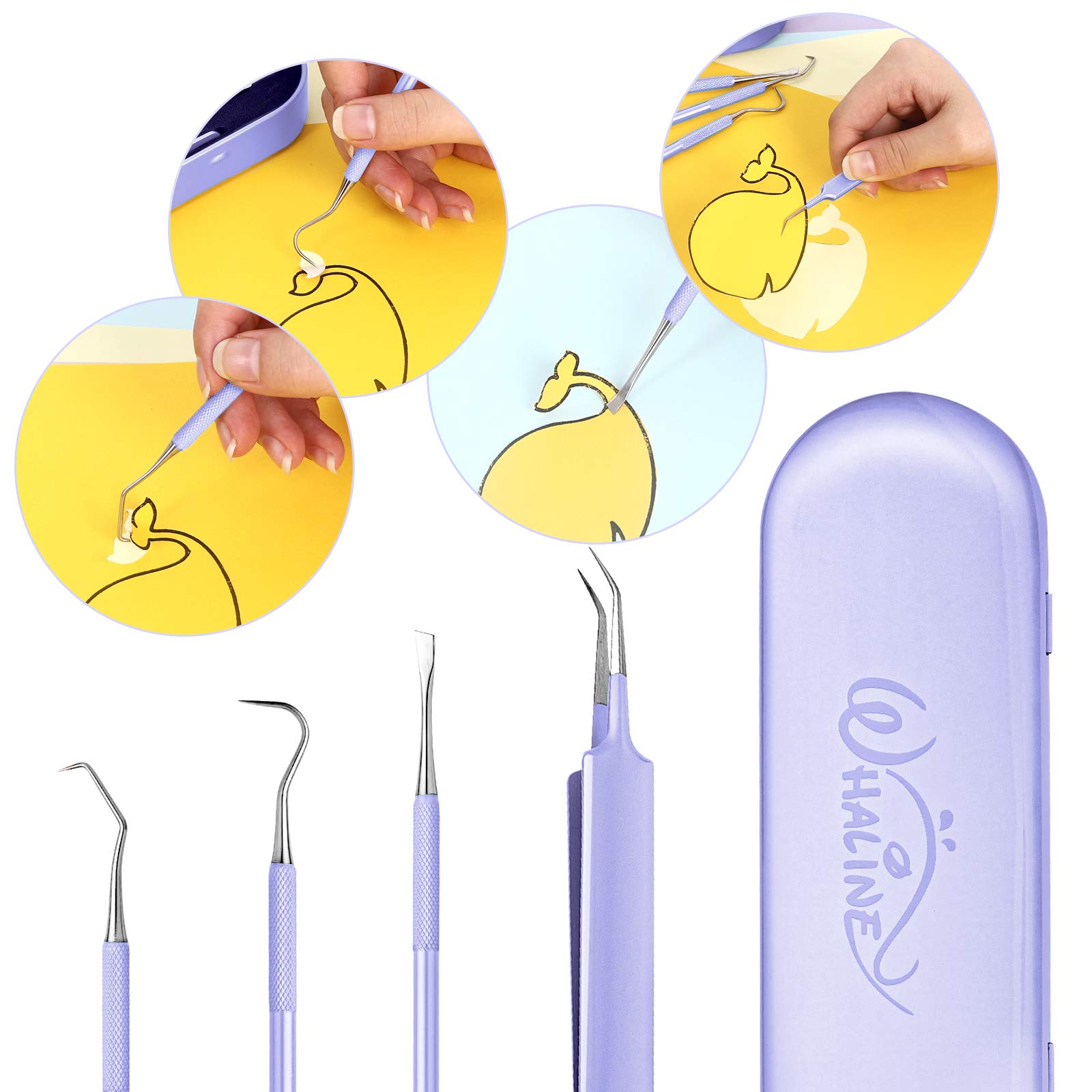 Whaline 4-Piece Precision Stainless Steel Vinyl Weeding Tool Kit with Storage Case - Vinyl Craft Tools for Cricut, Silhouette Cameo, Lettering, Scraping - Includes Hook, Spatula, Tweezers (Purple) - Perfect for DIY Crafts, Vinyl Projects & Home Decor