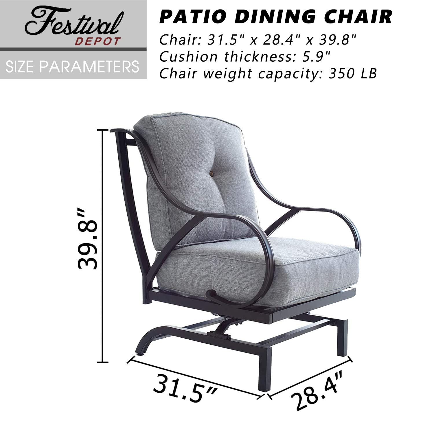 Festival Depot 1 Patio Dining Chair with Thick Cushions - Sturdy Metal Frame Outdoor Furniture for Bistro, Deck, Garden - Comfortable Grey Seating (B-PF19110-G-new) - Perfect for Outdoor Dining, Lounging, and Entertaining