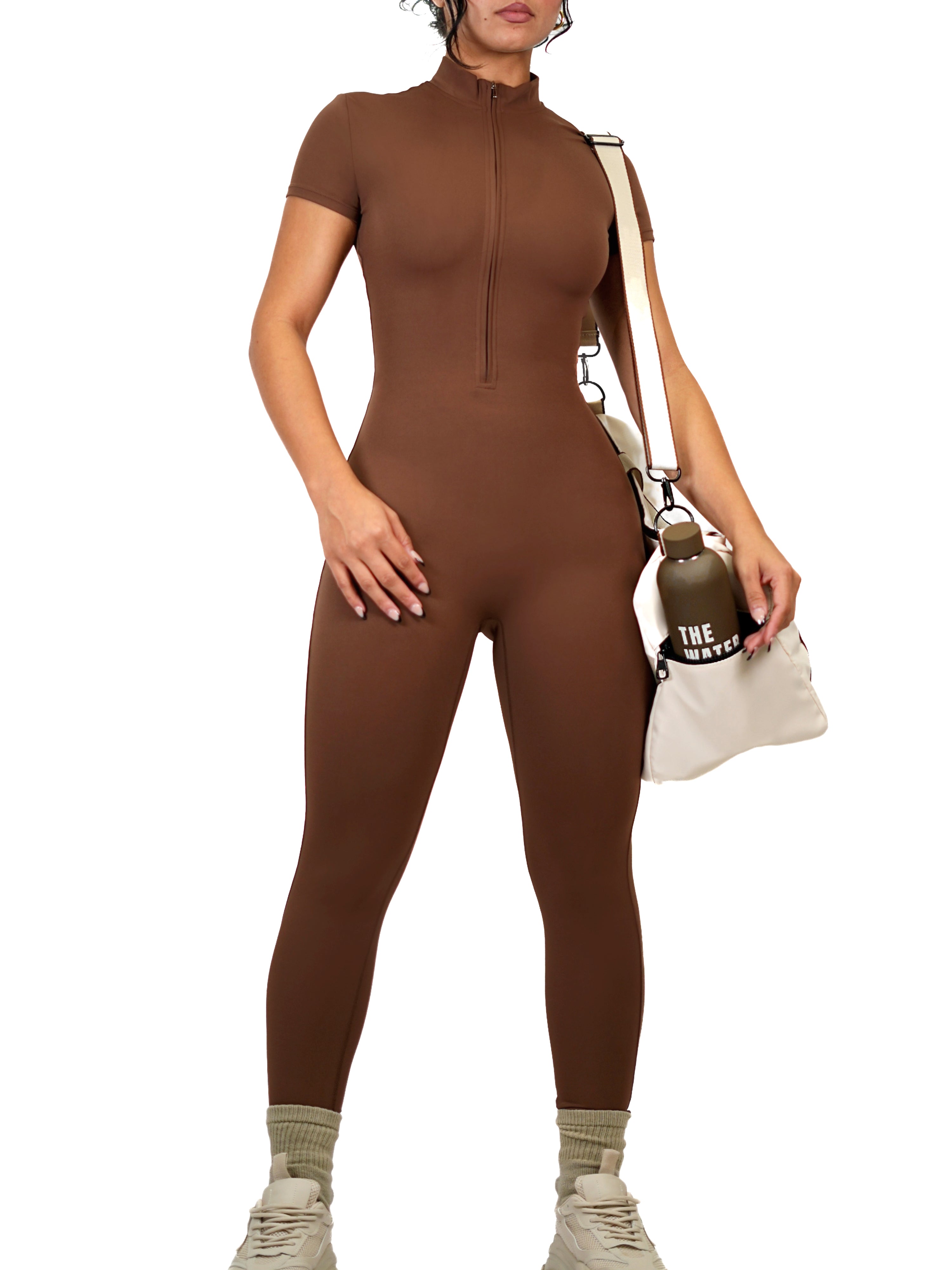Sweet Brown Fitted Zipper Jumpsuit for Women - Stylish One-Piece Romper with Front Zipper Closure | Perfect for Casual Outings, Date Nights & Summer Fashion