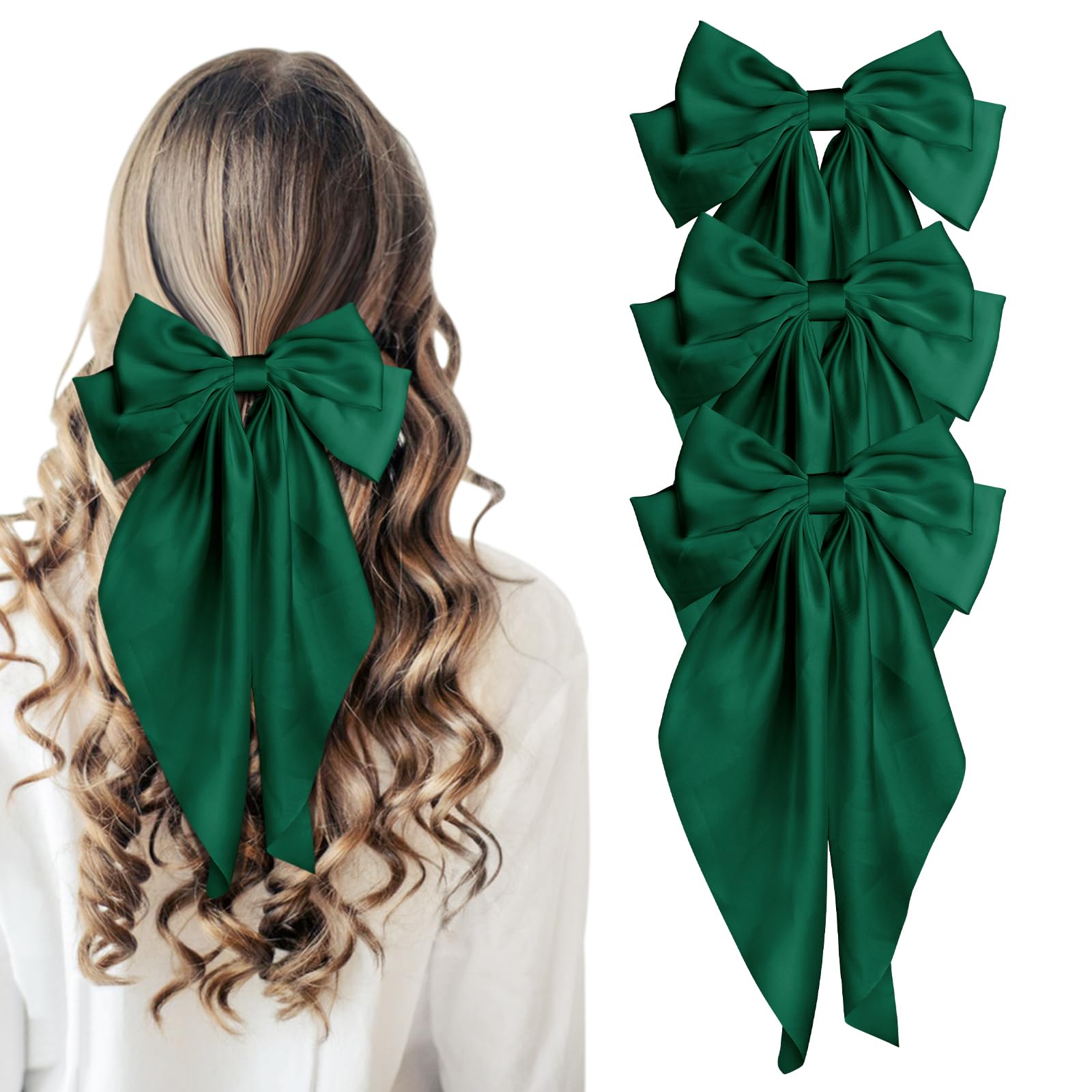3Pcs Large Silky Satin Hair Bows for Women - Elegant Green Ribbon Clips with Long Tails, Ponytail Barrettes for Party, Wedding, Daily Styling & Gift Giving