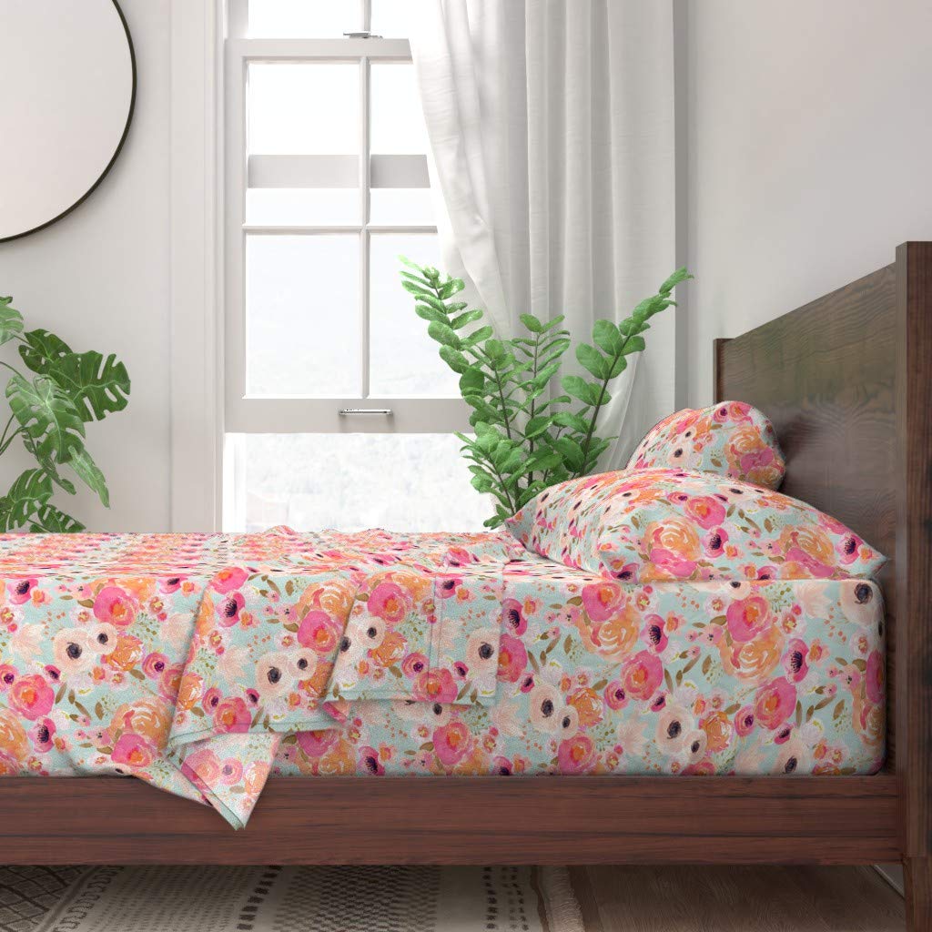 100% Cotton King Size 4-Piece Sheet Set - Bloom Blush Floral Blue Flower Design | Soft Breathable Bedding for Nursery, Spring & Summer Decor | Shabby Chic Custom Printed Sheets for Baby Room & Easter Theme
