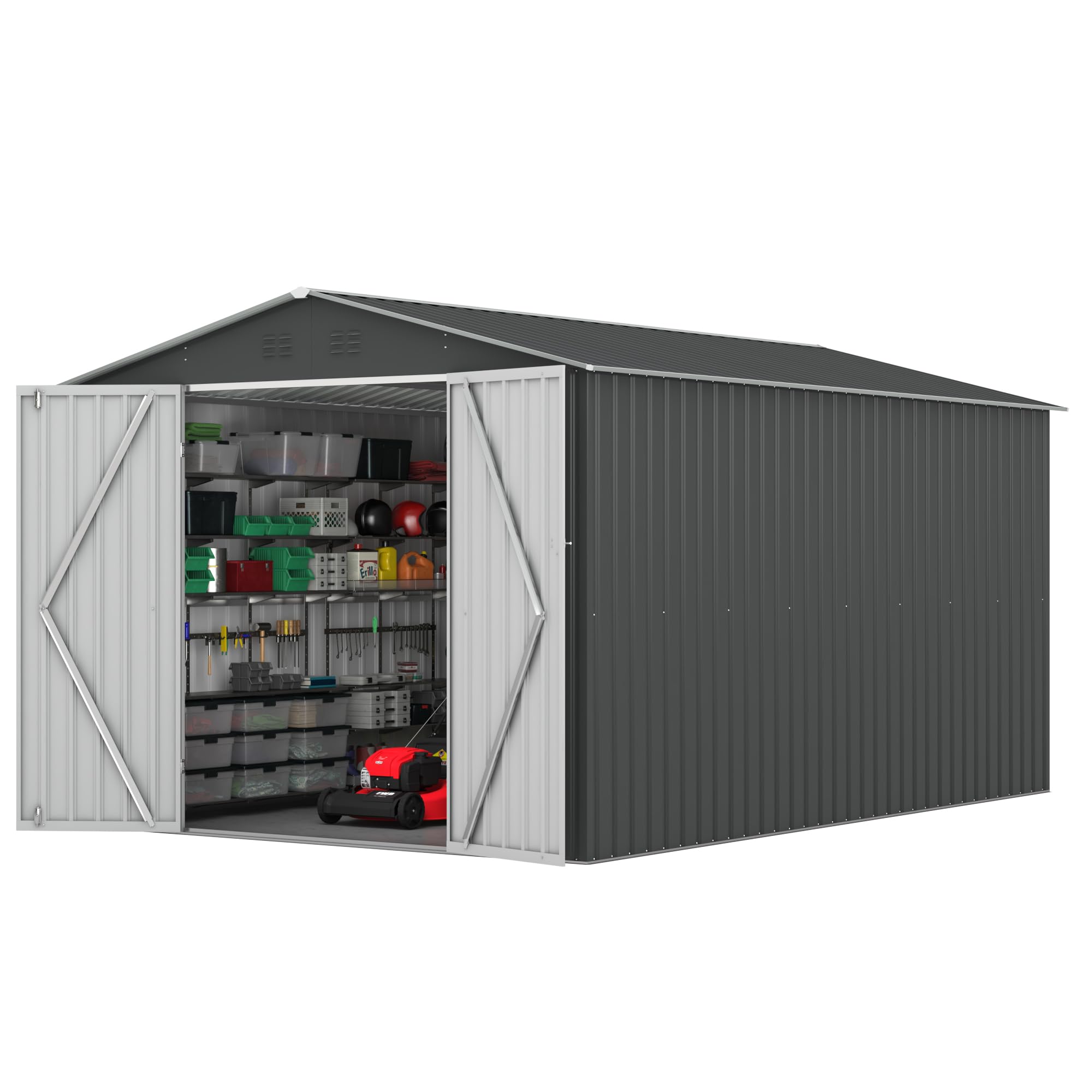 8x12 FT Outdoor Storage Shed - Heavy Duty Metal Garden Shed with Reinforced Frame & Lockable Doors | Perfect for Backyard, Patio, Lawn Equipment & Tool Organization (Grey)