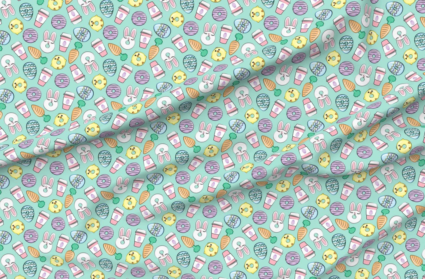 Easter Donuts Coffee Aqua Spring Bunny Rabbit Chick Carrot Printed Velvet Upholstery Fabric - Fat Quarter for Home Decor, Apparel & DIY Projects | Perfect for Easter Crafts, Throw Pillows & Table Runners