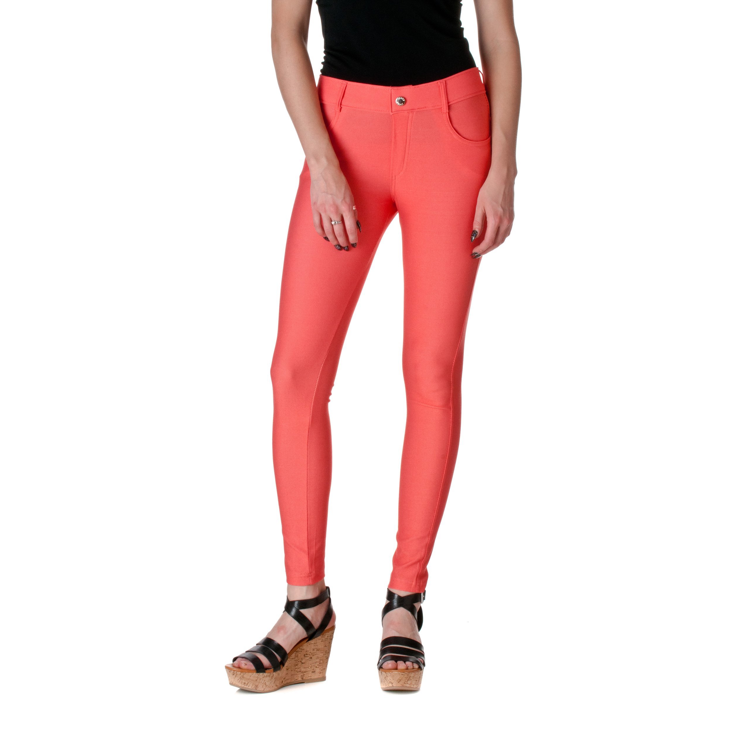 Women's Fashion MIC Cotton Blend Color Jeggings with Orange Stitching - Coral (Size SM) | Stretchy Comfort Pants for Casual Wear, Work & Everyday Outfits
