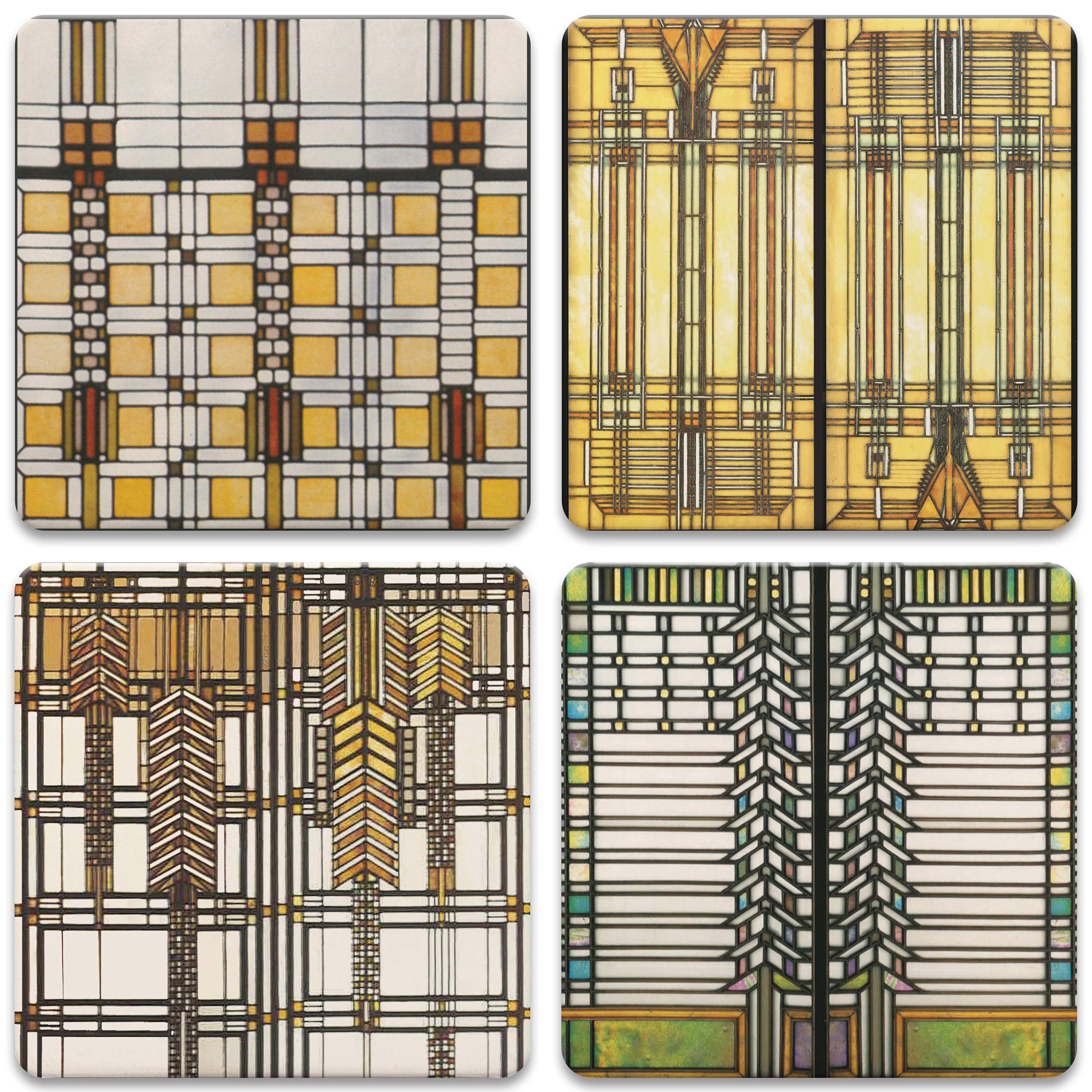 Frank Lloyd Wright Art Glass Coasters Set of 4 - 4.25 Inch Absorbent Stone Drink Coasters for Coffee & Wine - Elegant Home Bar & Dining Table Decor