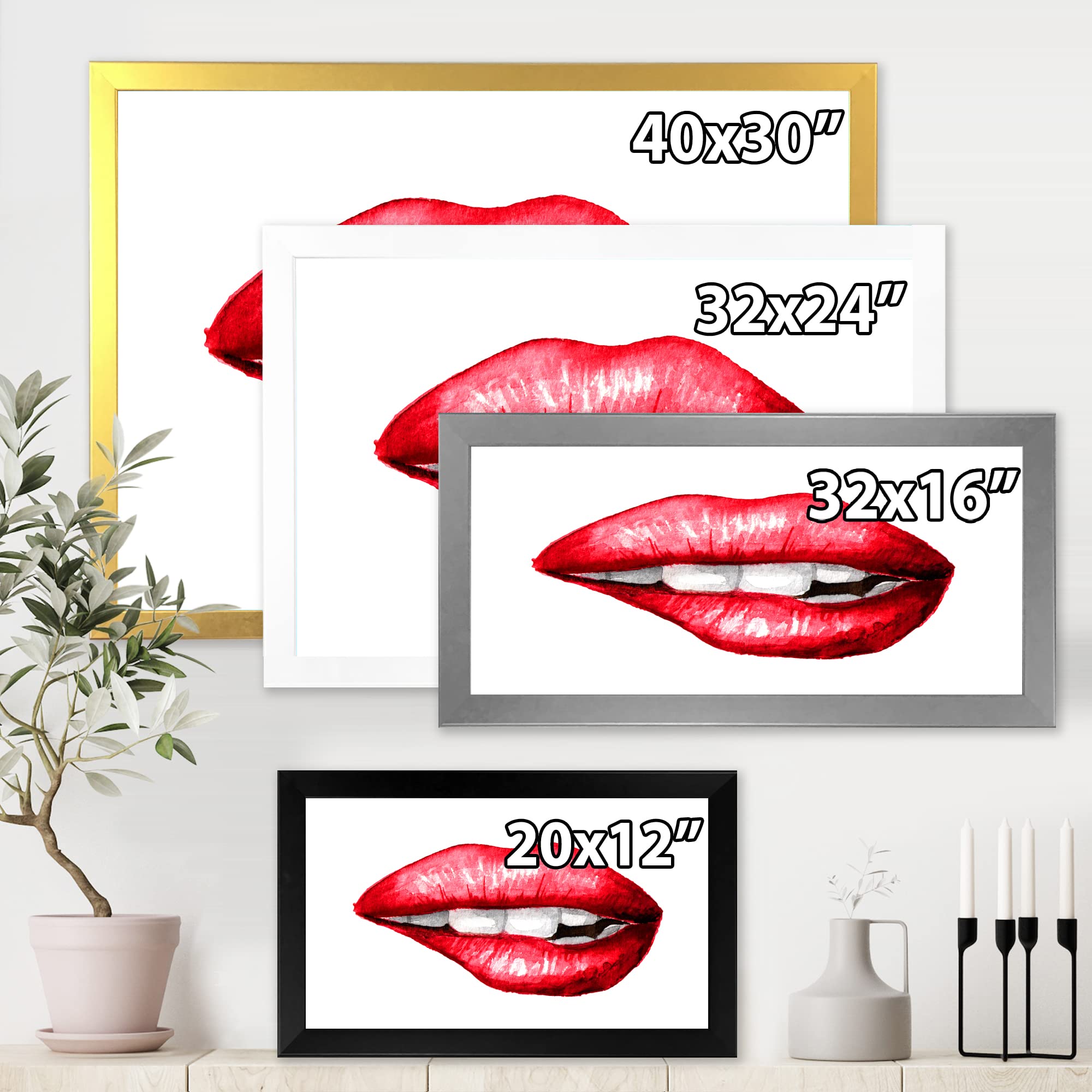 DesignQ Modern Framed Wall Art - Sexy Plump Puffy Woman Lips Biting Painting for Bedroom & Living Room Decor