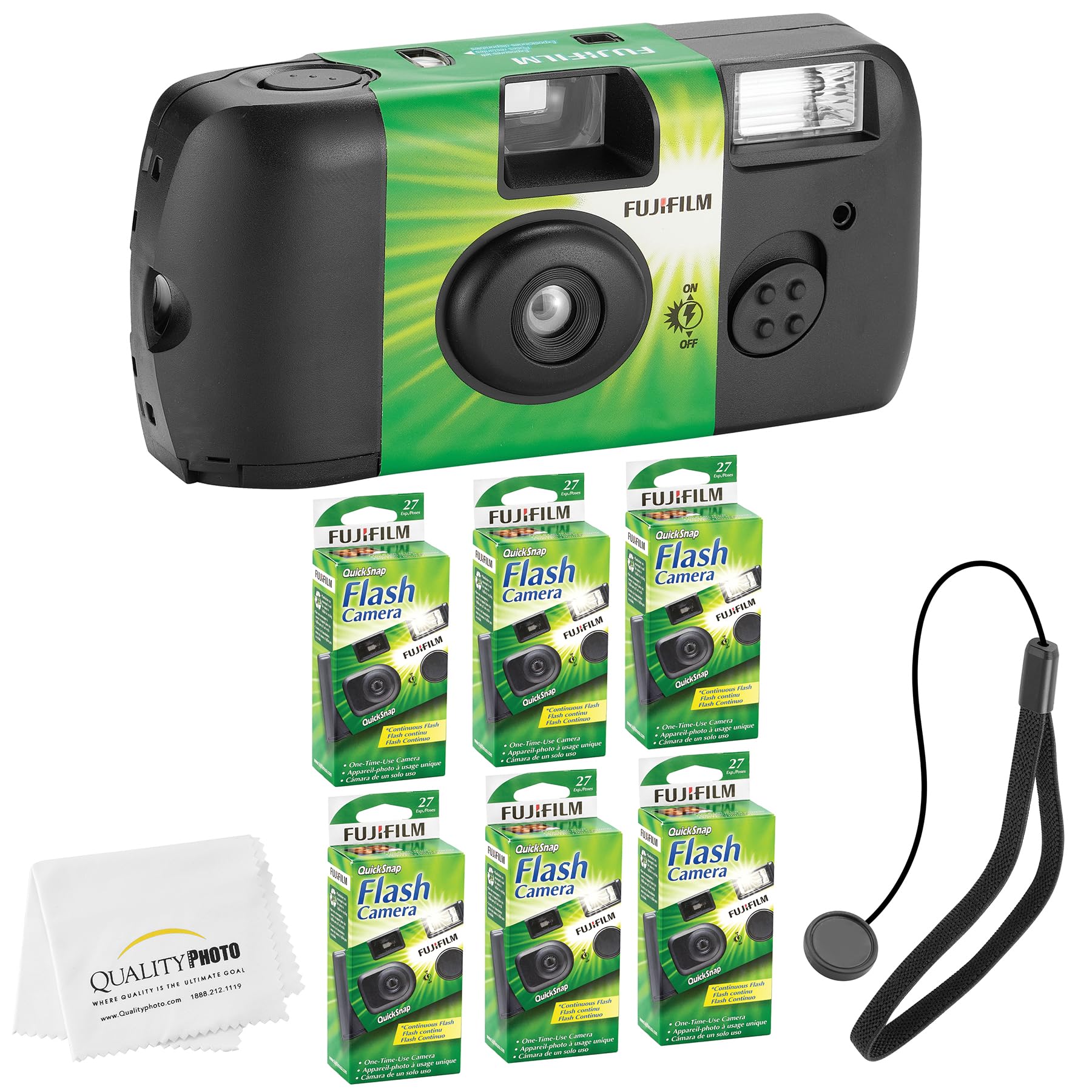 Fujifilm QuickSnap Flash 400 Disposable 35mm Camera with Hand Strap & Microfiber Cleaning Cloth - 6 Pack for Travel, Weddings, Parties & Outdoor Photography