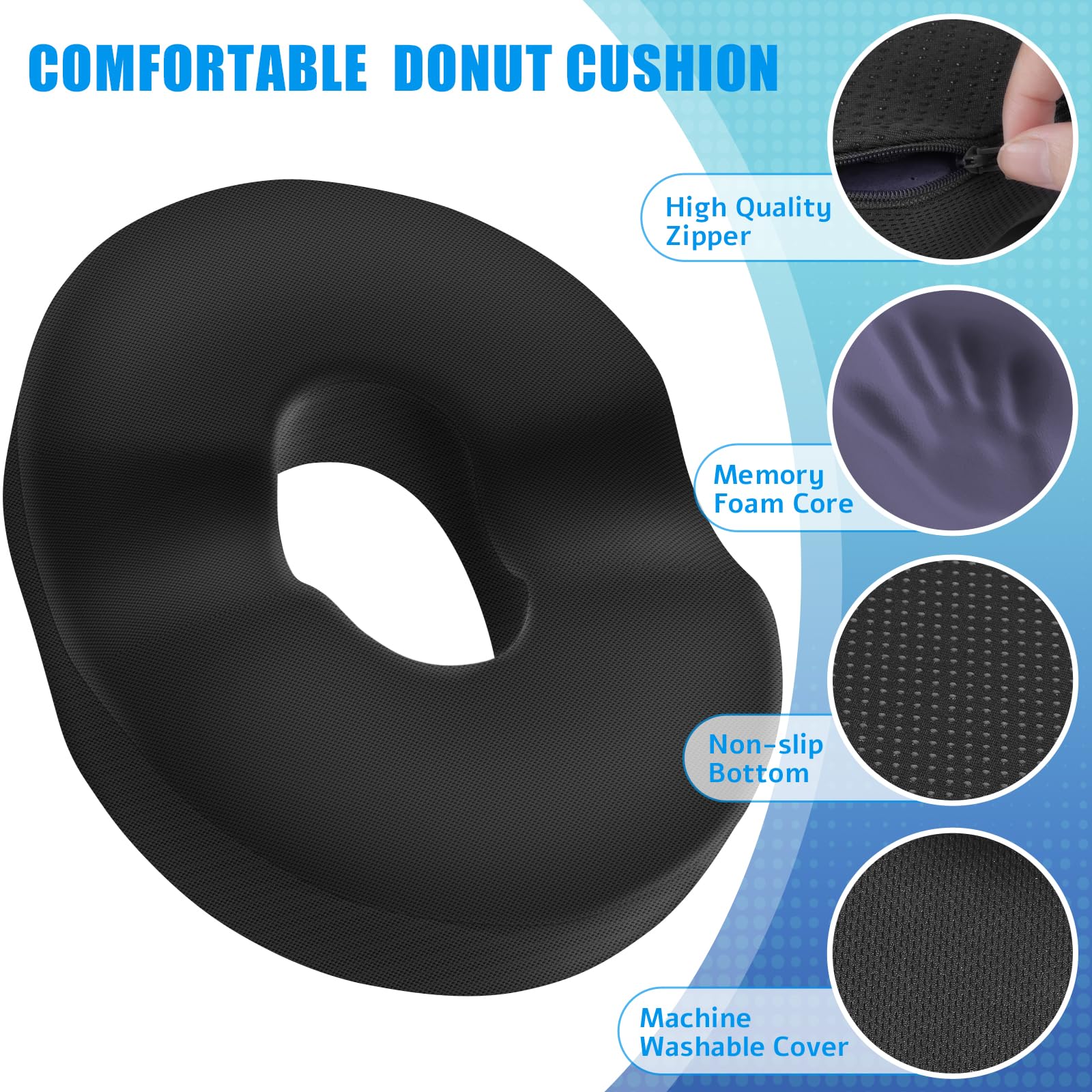 BlissTrends Memory Foam Donut Pillow Seat Cushion for Postpartum Recovery, Hemorrhoid & Tailbone Pain Relief - Orthopedic Office & Home Chair Cushion (Black) - Perfect for Pregnancy, Post-Surgery & Long Sitting Comfort