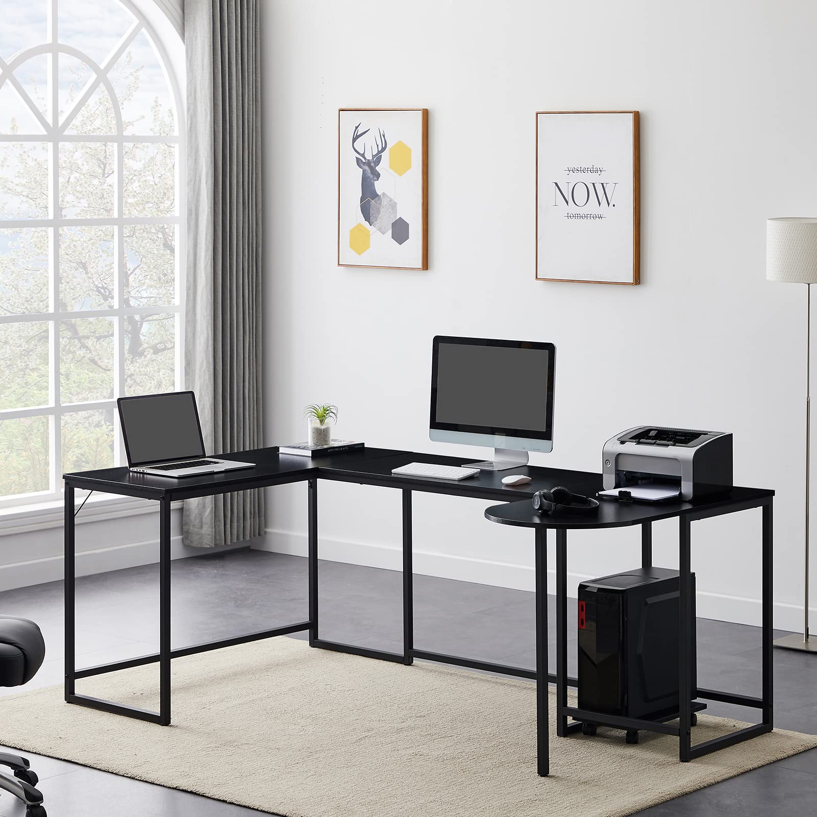 Modern U-Shaped Black Industrial Computer Desk - Sturdy Corner Writing Desk for Home Office, Gaming & Study - Multi-Purpose Laptop PC Workstation with Simple Design