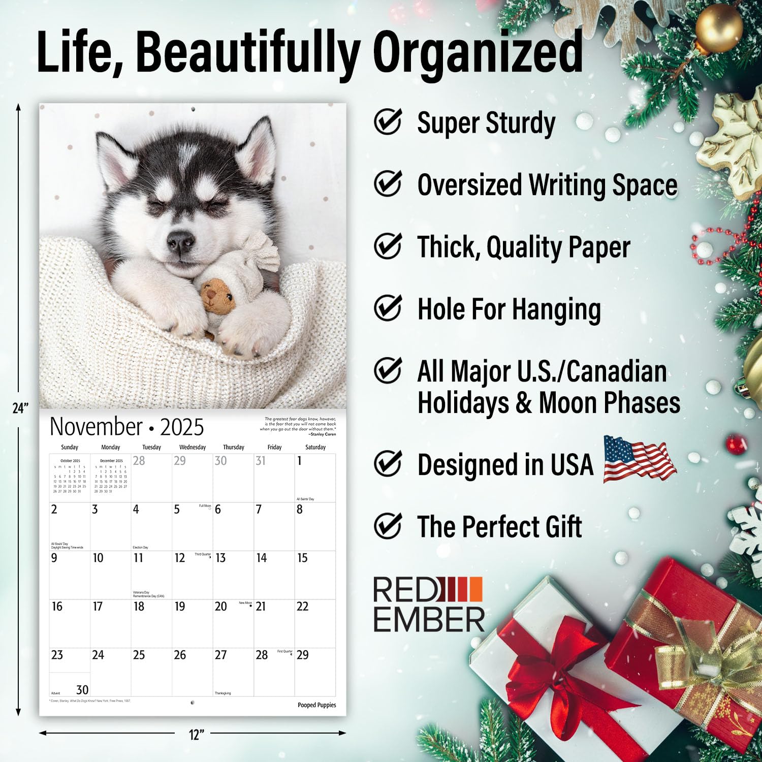 RED EMBER Pooped Puppies 2025 Wall Calendar - 12 Month Funny Dog Calendar with Thick Sturdy Paper (12