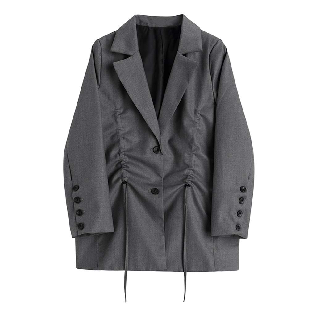STRAW Women's Gray Oversized Blazer with Drawstring - Lapel Long Sleeve Loose Fit Jacket for Spring & Fall | Casual Office Wear, Business Outfits & Fashion Trends (Size S)
