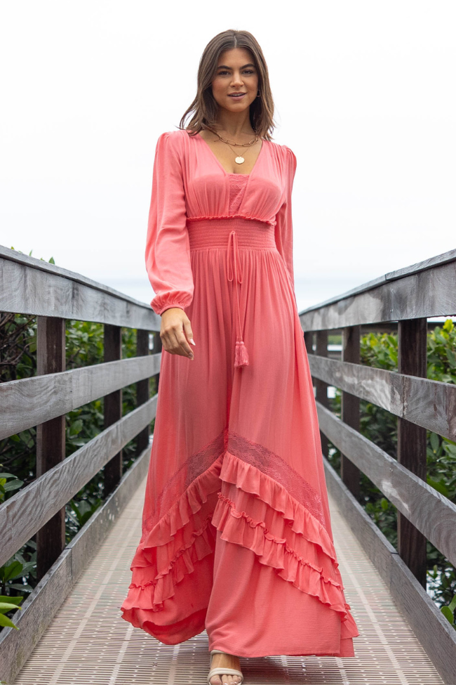 Lucky To Have You Coral Maxi Dress for Women - Flowy Summer Beach Dress with Pockets, Boho Chic Wedding Guest Dress, Perfect for Vacations & Date Nights