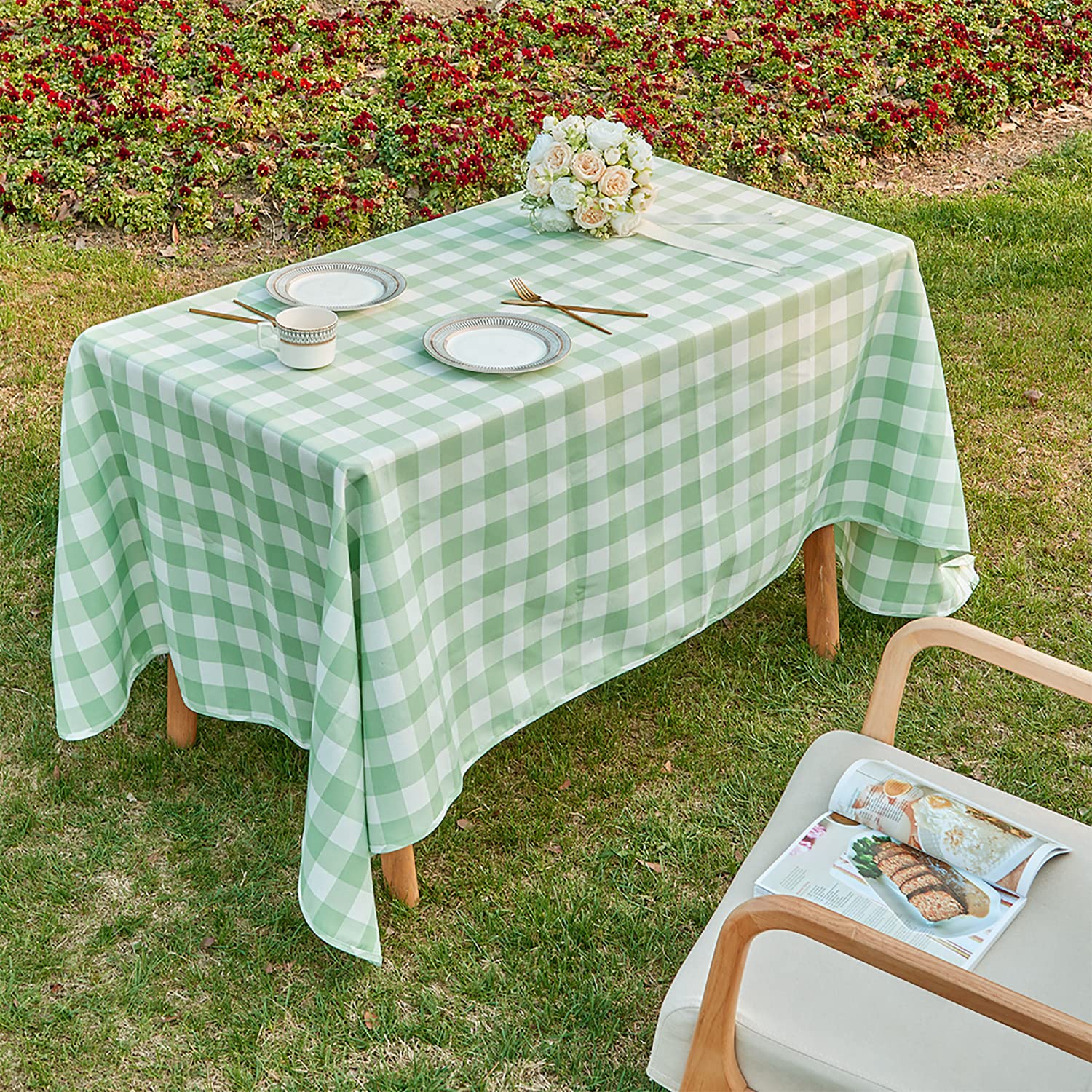 Buffalo Plaid Reversible Washable Tablecloth - Yarn Dyed Gingham Checkered Rectangle Table Cover for Kitchen, Dining, Holiday Dinner & Outdoor Picnic - Blue Green 55×95 Inches - Perfect for Easter Decorations & Family Gatherings