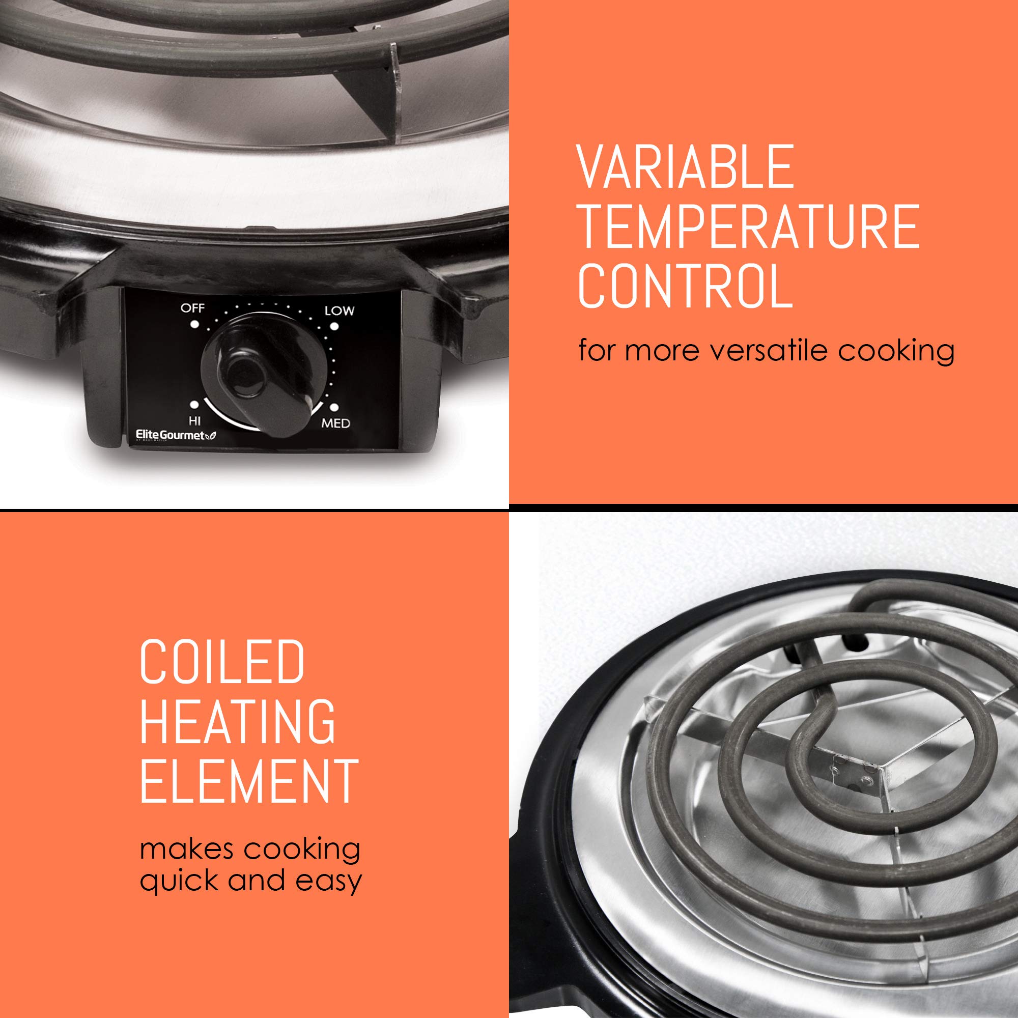 Elite Gourmet ESB-300X 1000W Electric Hot Plate with Temperature Control - Portable Single Burner for Cooking, Boiling & Simmering - Perfect for Dorms, Offices & Small Kitchens - Easy Clean Black Countertop Coil Heater