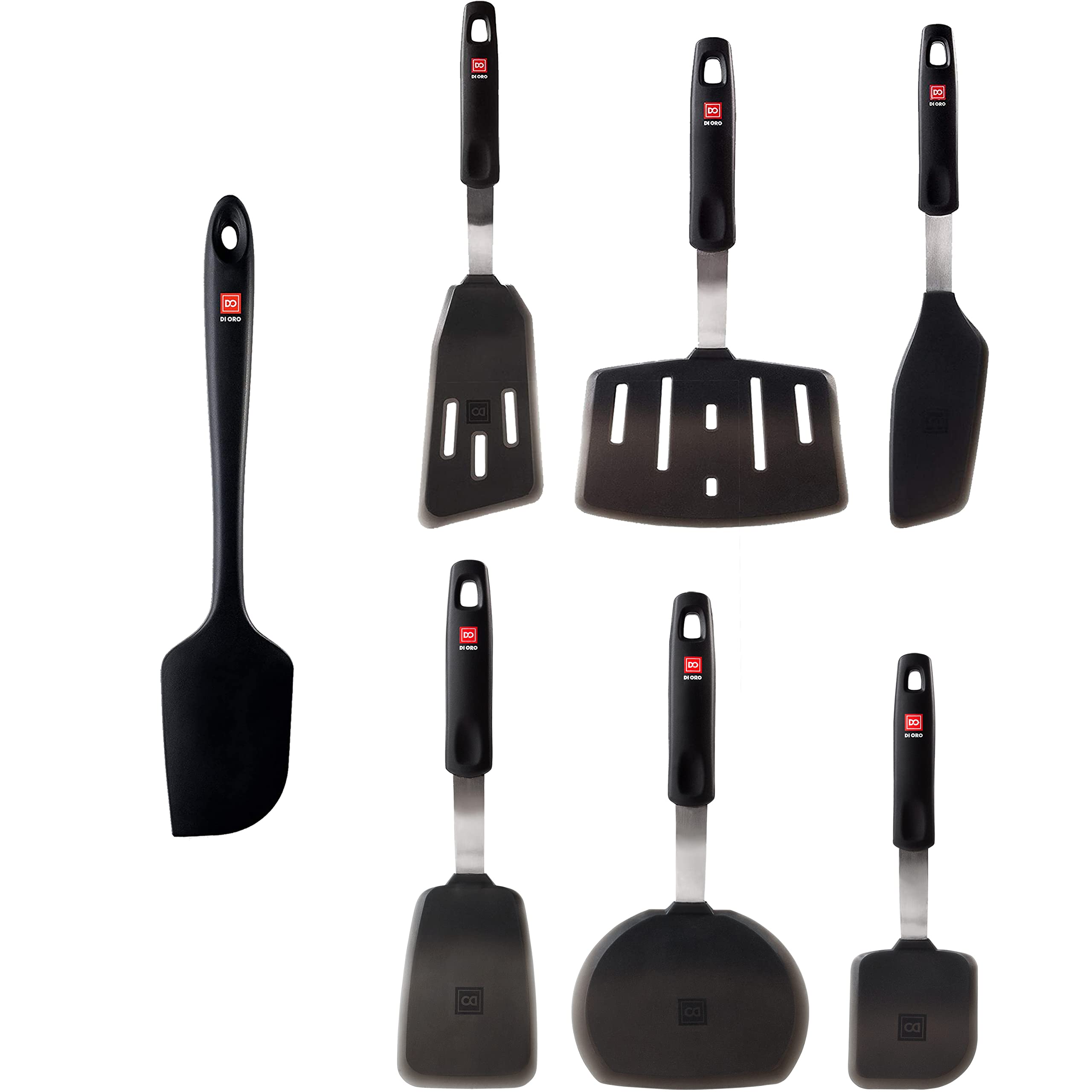 DI ORO 7-Piece Silicone Kitchen Utensil Set - 600°F Heat-Resistant Cooking Tools with 6 Turner Spatulas & 1 Seamless Spatula - Food Grade Non-Stick Baking & Frying Utensils - Dishwasher Safe & Easy Clean (Black) - Perfect for Grilling, Stir-Frying & Everyday Cooking