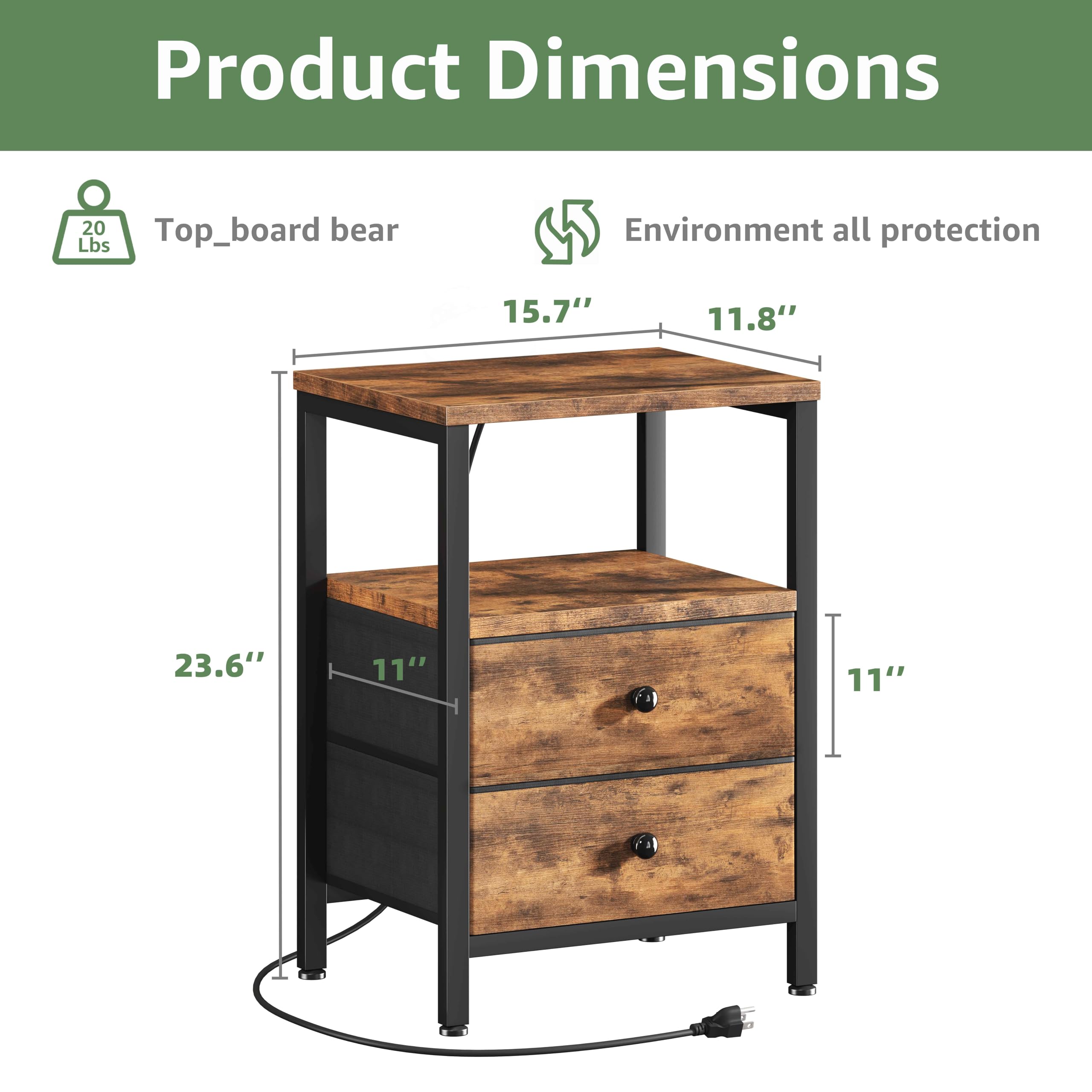 Modern Brown Nightstand Set of 2 with USB Charging Station & Drawer - Bedroom End Tables for Dorm, Apartment & Guest Room - Sturdy Bedside Tables with Storage Space