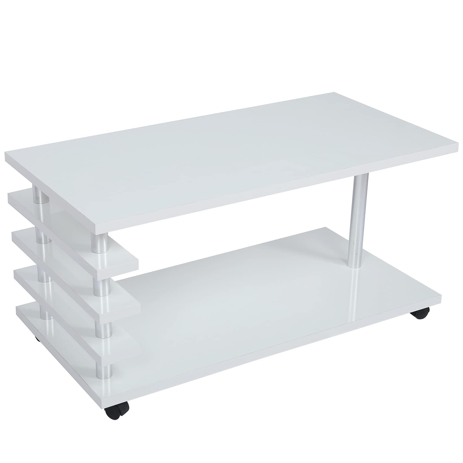 Modern Style Coffee Table with LED Lights & Universal Wheels - High Gloss Removable Side Table for Living Room, Bedroom & Home Office - White (Perfect for Small Spaces & Nighttime Use)