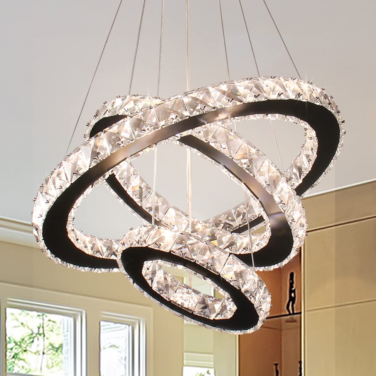 Dimmable Black Modern LED Crystal Chandelier - 3-Tier Ring Pendant Light with Adjustable Height for Dining Room, Bedroom & Living Room | Elegant Ceiling Lighting Fixture for Home Decor & Special Occasions