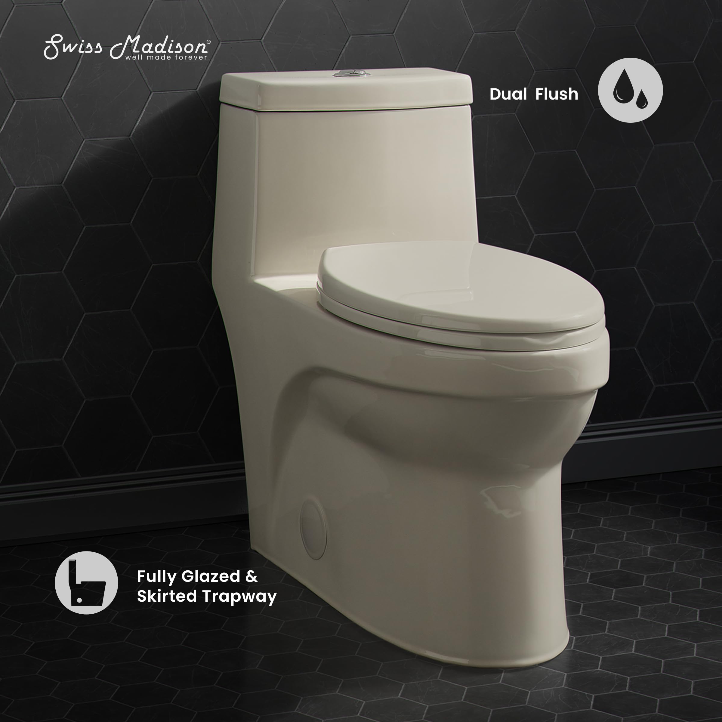 Swiss Madison SM-1T118 Virage One Piece Toilet - Modern Elongated ADA Compliant Dual Flush (0.8/1.28 GPF) Bathroom Toilet in Bisque - Perfect for Small Bathrooms, Powder Rooms & Water-Efficient Homes