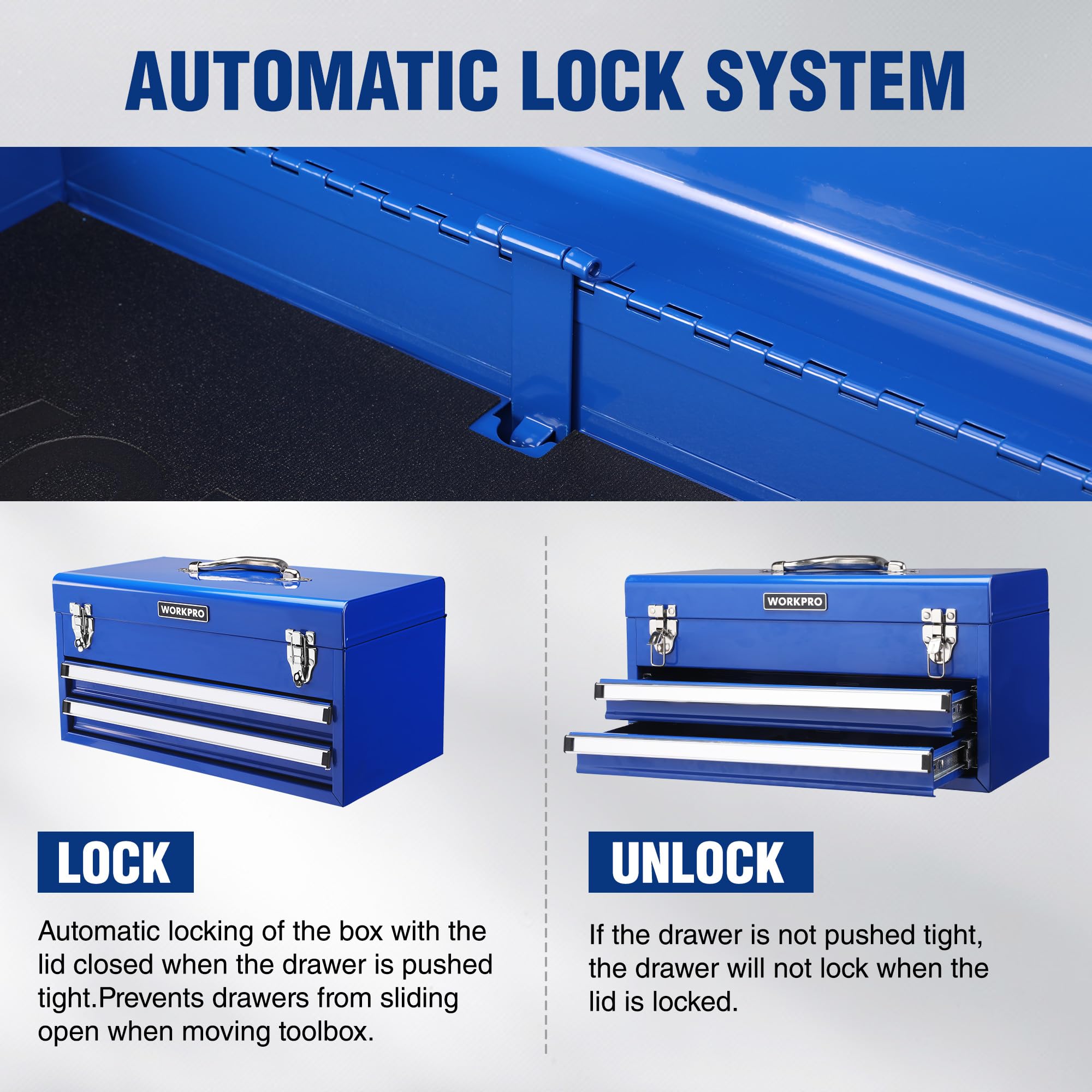 WORKPRO 18 Inch Heavy Duty Metal Tool Box with 2 Drawers & Top Storage - 100 LBS Capacity, Portable Tool Chest with Secure Latch & Non-Slip Liner for Garage, Workshop, Office & Home Organization - Perfect for DIY Projects, Car Repair & Tool Storage