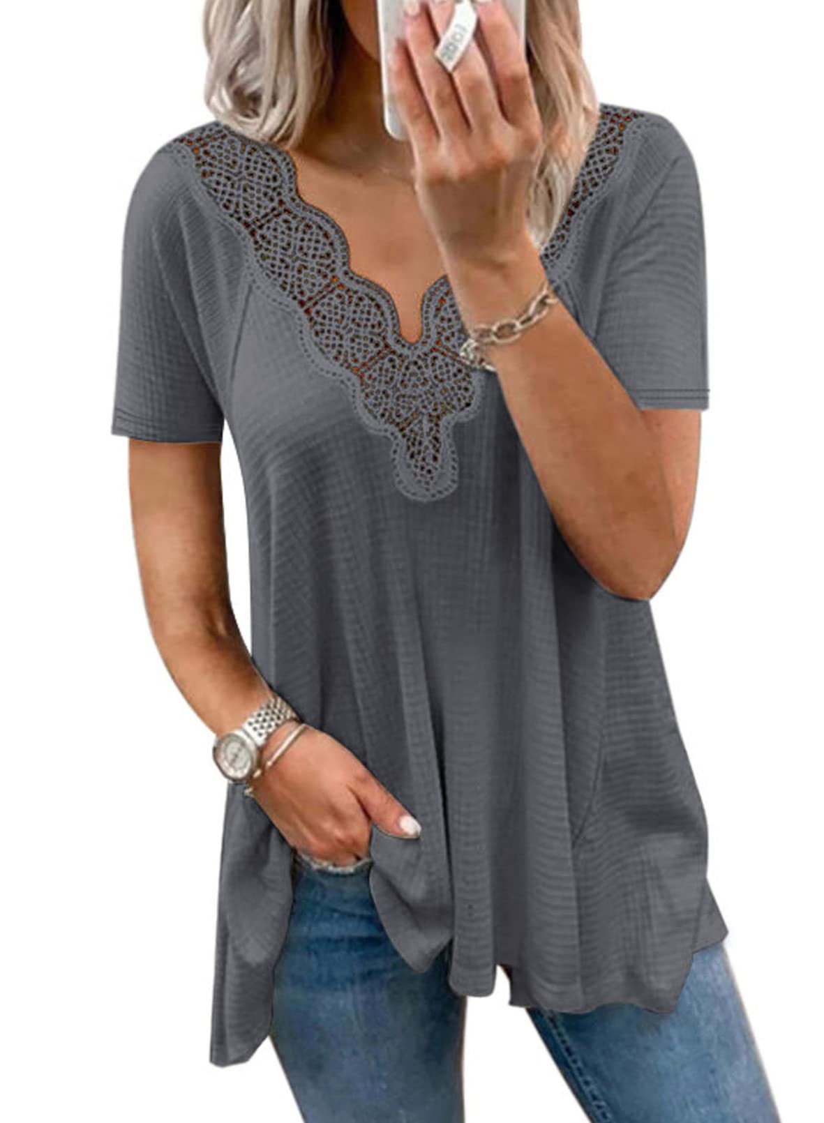 BLENCOT Women's Casual Summer Short Sleeve Waffle Knit Blouse - Lace Crochet V-Neck Tunic Top for Beach, Vacation & Everyday Wear