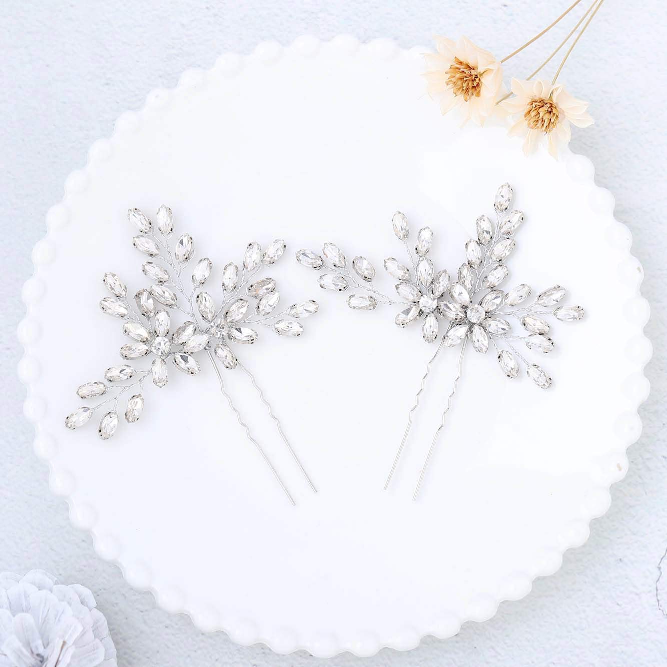 Sparkling Rhinestone Wedding Hair Pins for Bride & Bridesmaids - Crystal Hair Clips for Women & Girls - Elegant Bridal Hair Accessories (Pack of 2, Silver) - Perfect for Weddings, Prom, Parties & Special Occasions