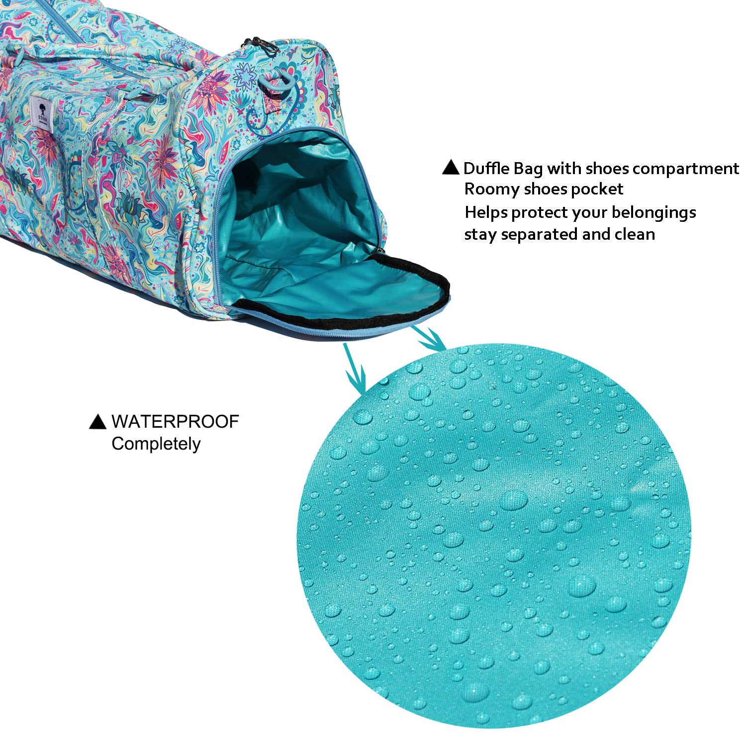 Waterproof Floral Duffle Bag - Gym, Beach & Travel Weekender Bag for Women & Men - Perfect for Workouts, Vacations & Daily Commute