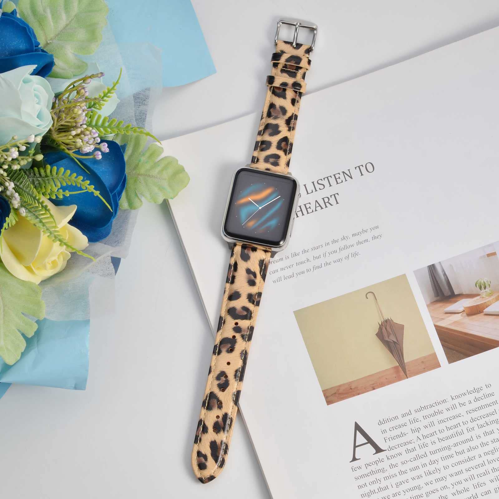 WOCCI 20mm Genuine Leather Flower Watch Band for Women - Quick Release Strap with Silver Buckle (Leopard Print) - Perfect for Casual Wear, Office & Special Occasions