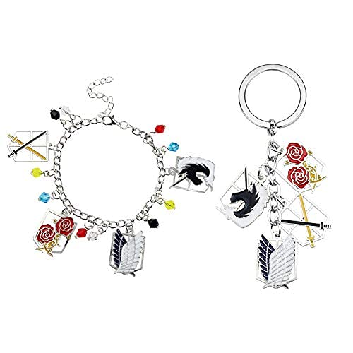 Attack on Titan Anime Charm Bracelet & Keychain Set - Stylish Anime Jewelry with Symbol Logo & Gift Box - Perfect for Kids, Cosplay, and Anime Fans