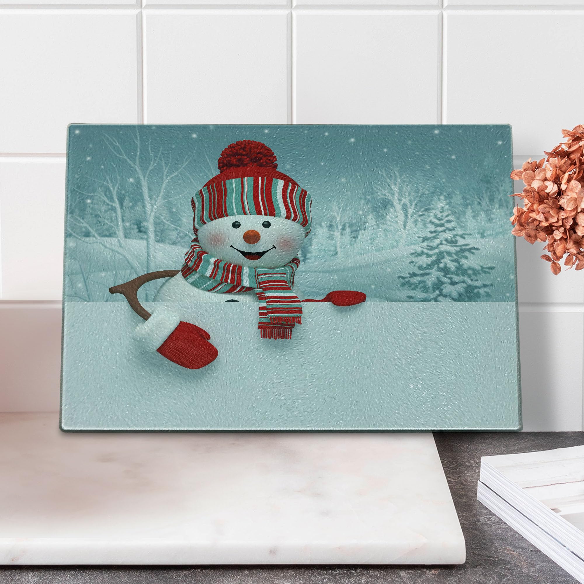 Ambesonne Snowman Themed Tempered Glass Cutting Board - 3D Smiling Snowman with Hat & Scarf Design - White & Red Holiday Serving Board for Cheese, Charcuterie & Appetizers - Perfect Christmas Kitchen Decor & Gift Idea