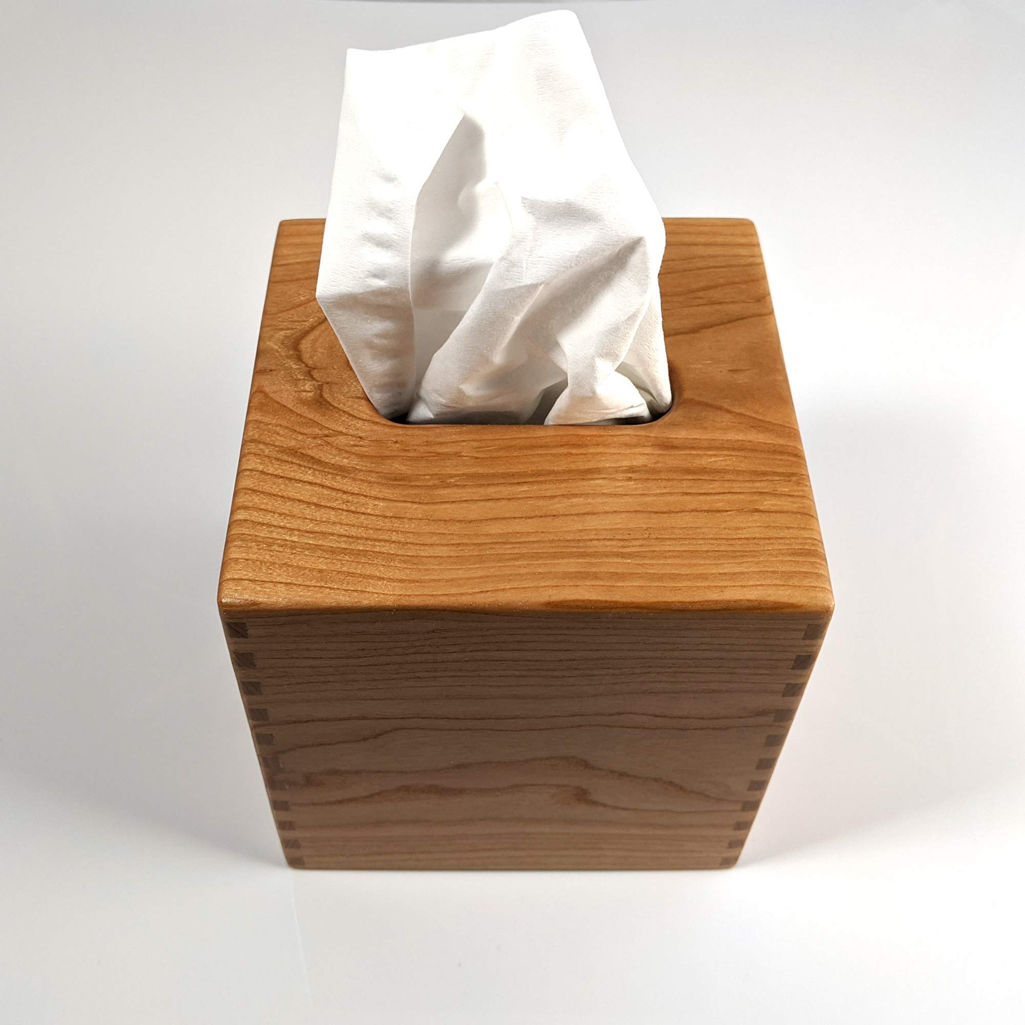 Handmade Cherrywood Tissue Box Cover - Solid Wood Square Cube Design with Box Jointed Sides - Home Decor for Living Room, Bedroom & Bathroom - Boutique Style Tissue Holder