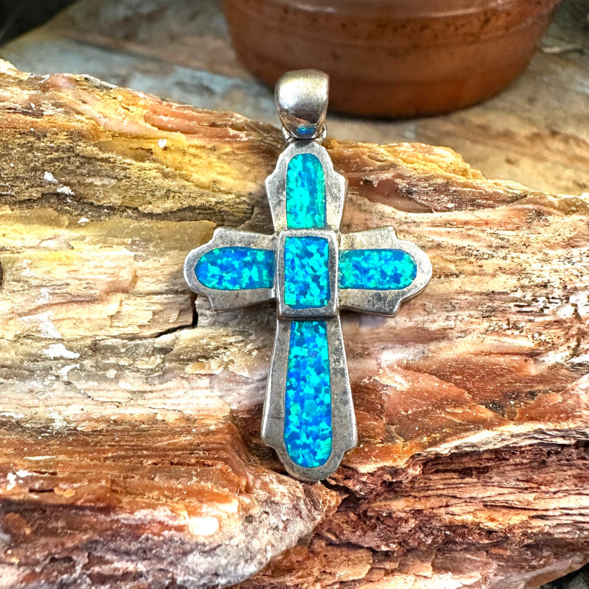Sterling Silver Opal Inlay Holy Cross Pendant Necklace - Elegant Religious Jewelry for Women & Men - Perfect for Baptism, First Communion & Everyday Wear