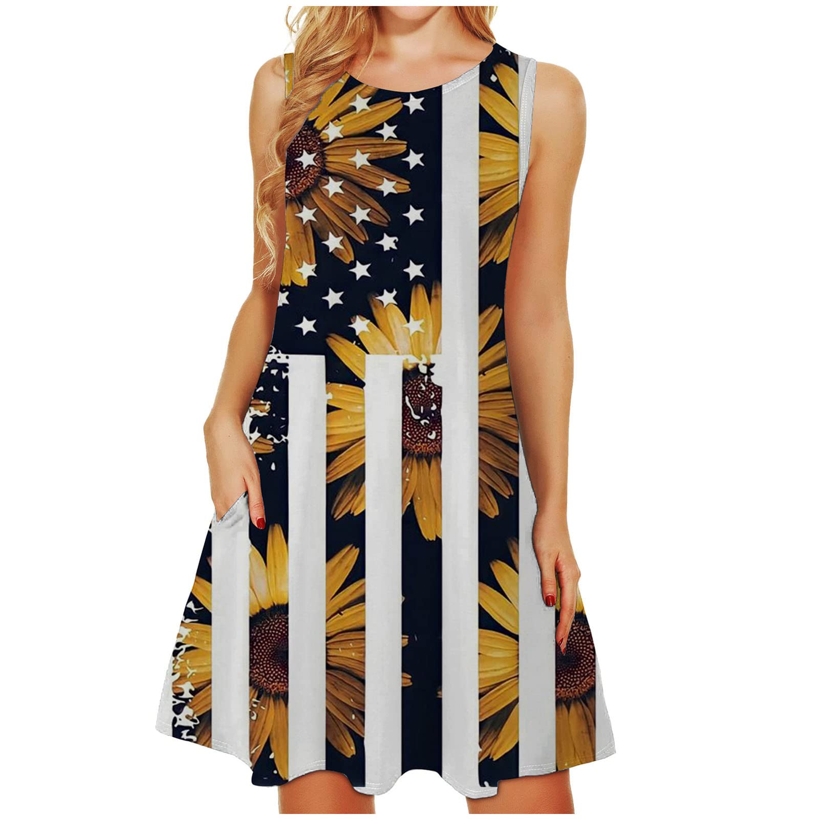 2024 Women's Patriotic Independence Day Dress - Casual Sleeveless Round Neck Summer Dress with Button Down, Loose Fit Denim Midi Dress for BBQ, Parties & Festivals