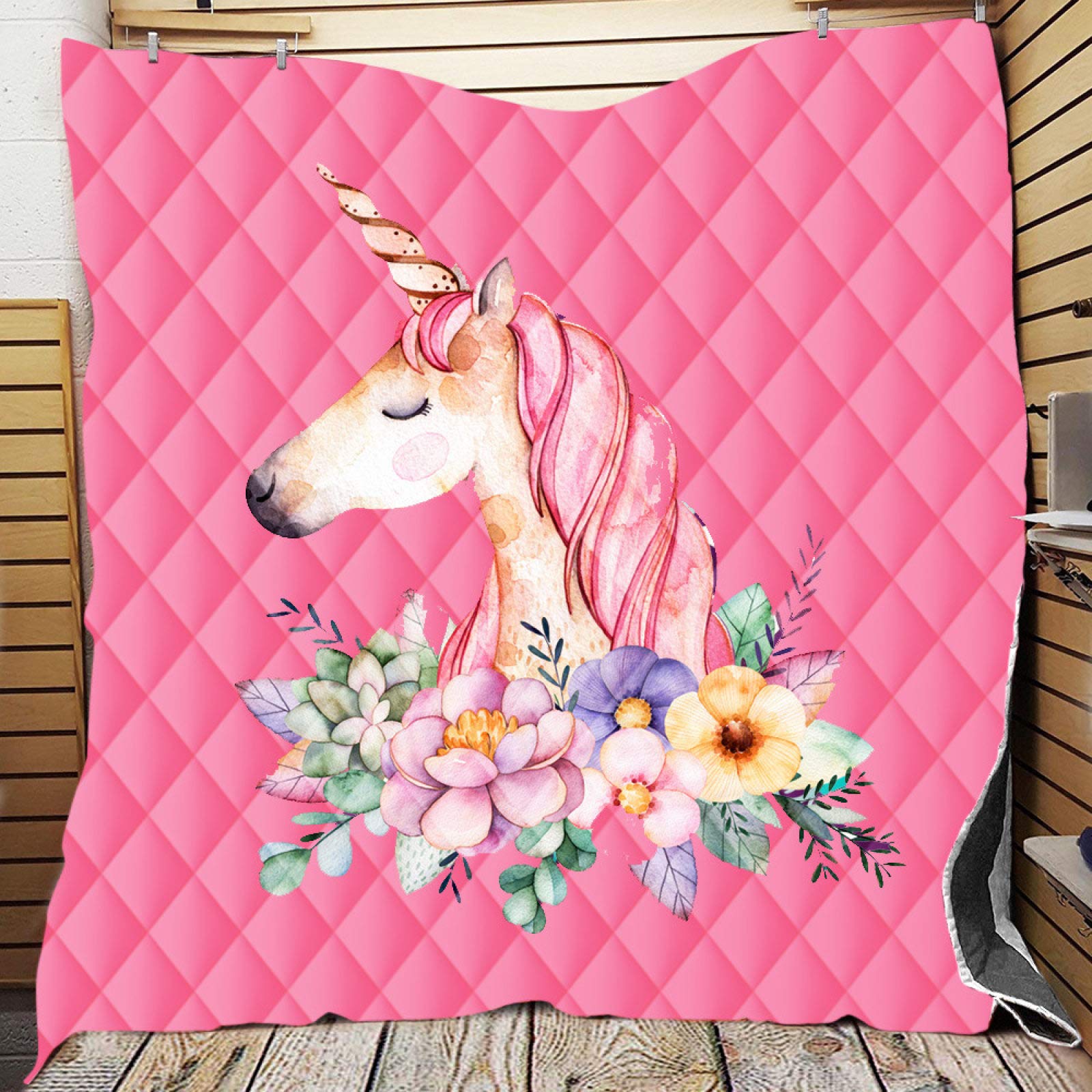 Quilted Blanket Queen Size - Soft Winter Warm Watercolor Floral Unicorn 3D Printed Throw - Cozy Bedspread for Adults & Kids - Perfect for Bed, Couch, Sofa & Home Decor