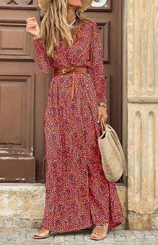 Stylish Printed Belted Long Dress for Women - Elegant Flowy Maxi Dress for Casual Outings, Beach Vacations & Summer Events