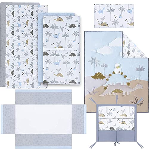 My Little Zone 8-Piece Dinosaur Baby Crib Bedding Set - Soft Comforter, 2 Fitted Crib Sheets, Pillowcase, Crib Skirt, Hanging Organizer & 2 Changing Pad Covers | Complete Nursery Set for Boys & Girls | Perfect for Newborns, Infants & Toddlers | Dinosaur-Themed Nursery Decor & Baby Shower Gift