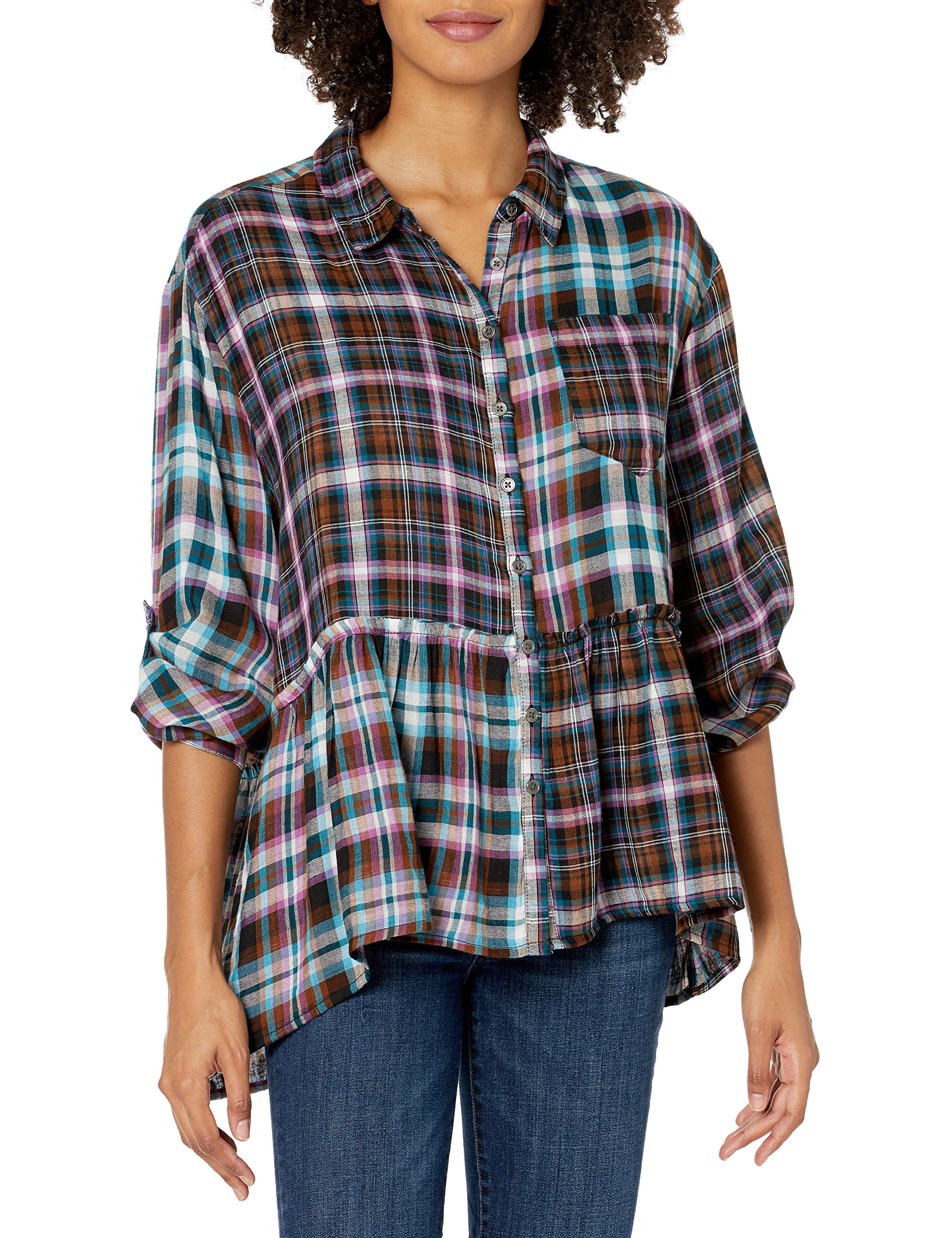 Vintage American Blues Women's Jade Roll Tab Sleeve Tunic Shirt - Casual Boho Chic Top for Summer Outfits & Music Festivals