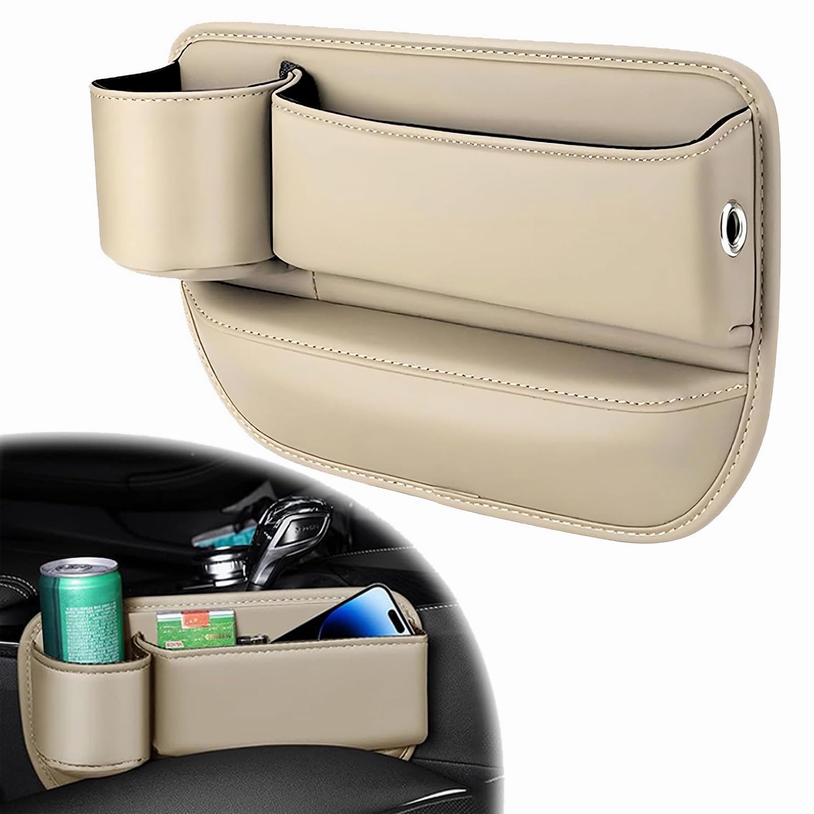 Universal Car Seat Gap Organizer - Adjustable Leather Cup Holder Gap Filler & Storage Box for Glasses, Phones, Keys, Cards - Perfect for Driver's Seat (Beige) | Keep Your Car Neat & Organized While Driving