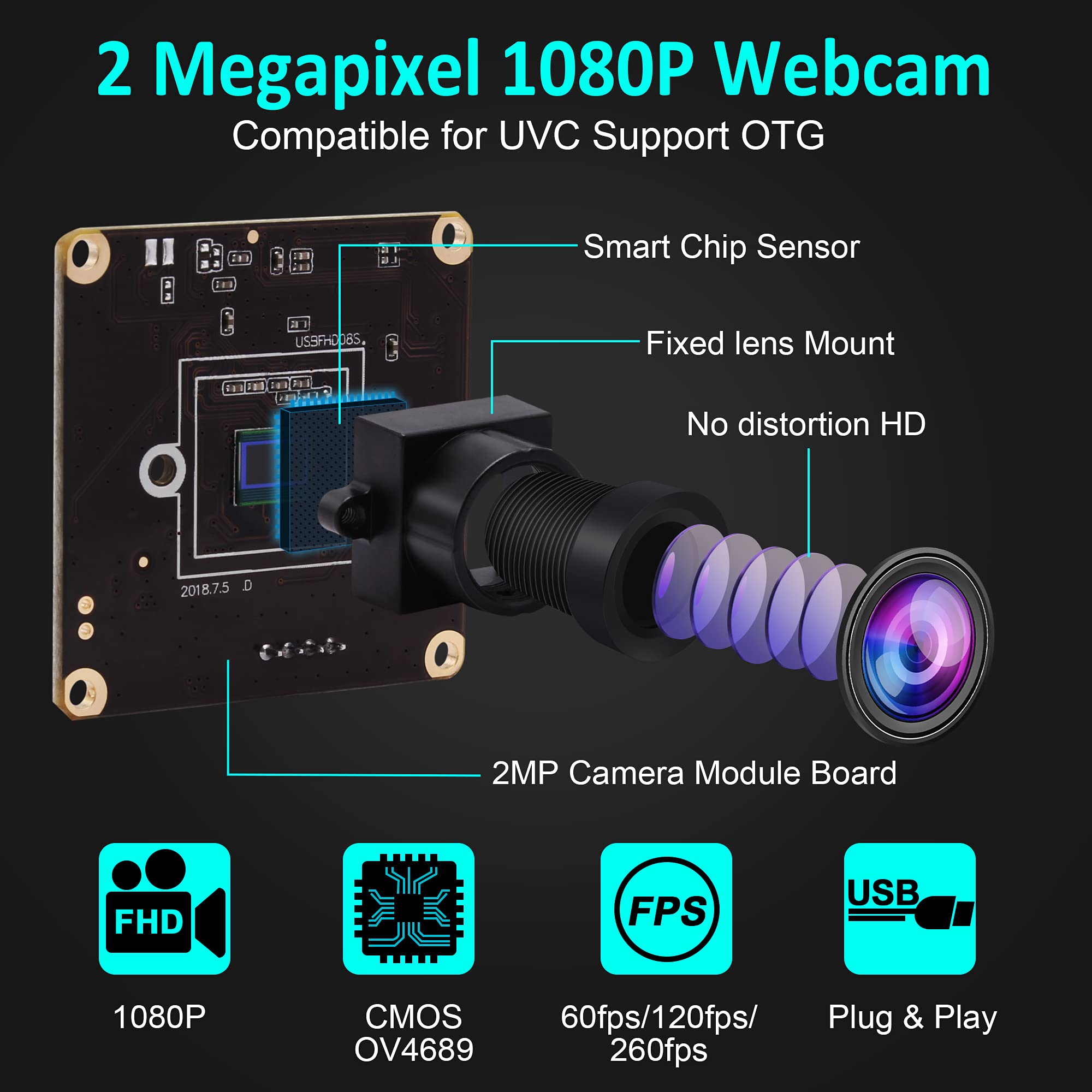 ELP 2MP USB UVC Camera - 260fps High Speed, 36° No Distortion Lens, Plug & Play Industrial Webcam for Lightburn, Raspberry Pi, Jetson Nano - Perfect for CNC Laser Engraving, 3D Printing & Computer Vision Projects