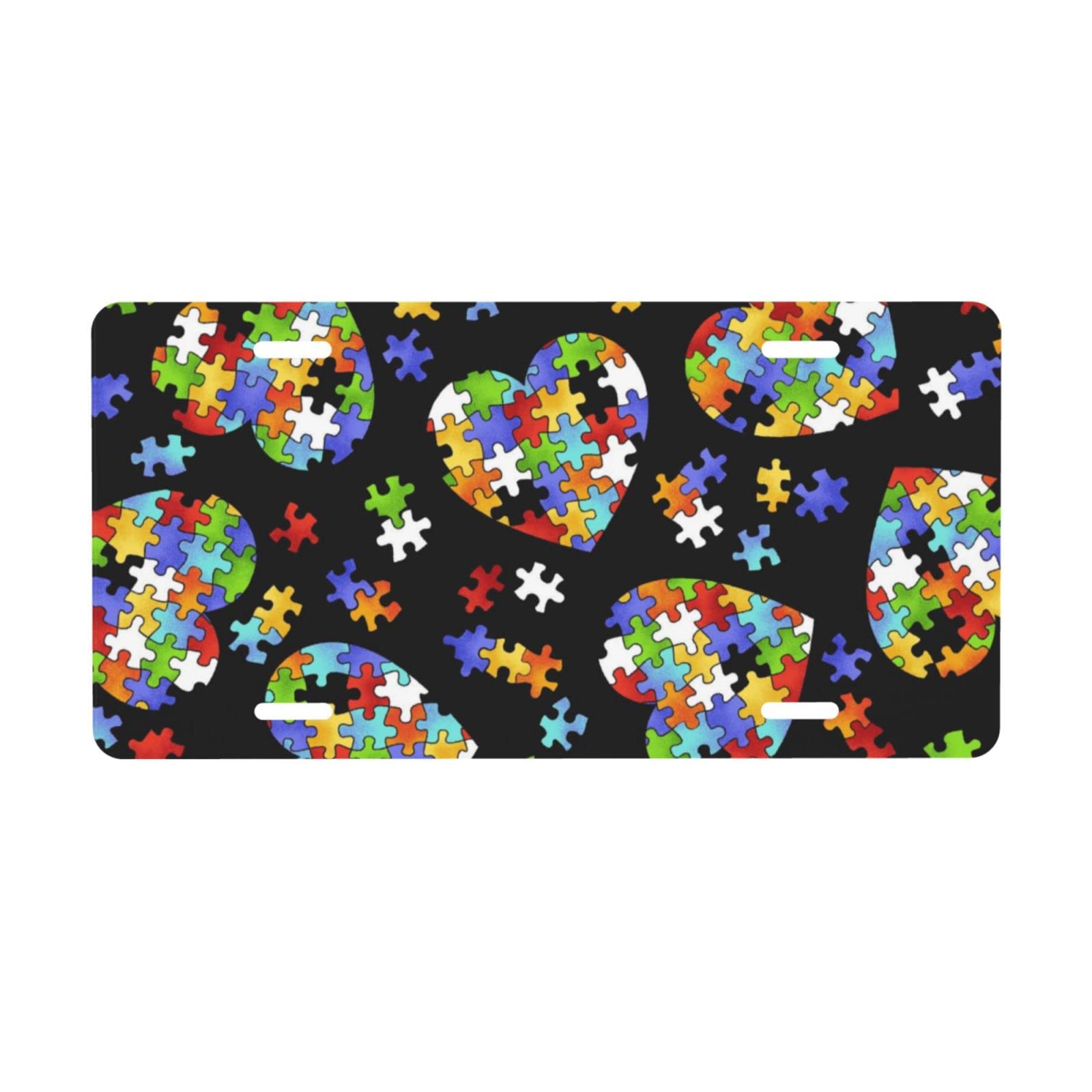 Autism Awareness Puzzle Pieces Heart Car License Plate - 6×12 Inch Aluminum Vanity Tag Cover for Men, Women, Boys & Girls - Decorative Front Metal Auto Plate for Cars, Trucks & SUVs - Show Support for Autism Awareness While Driving
