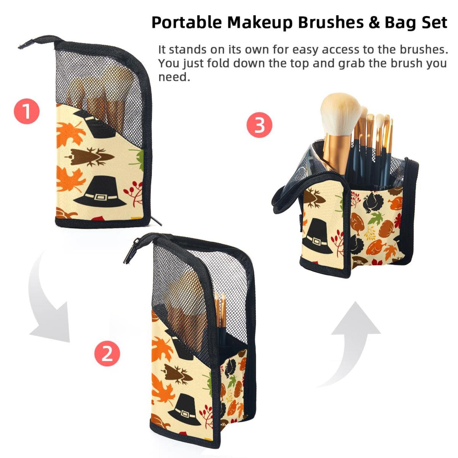 12-Piece Makeup Brush Organizer Bag with Portable Holder Case - Thanksgiving Turkey Pumpkin Leaves Design - Perfect for Travel, Home Storage & Makeup Artists