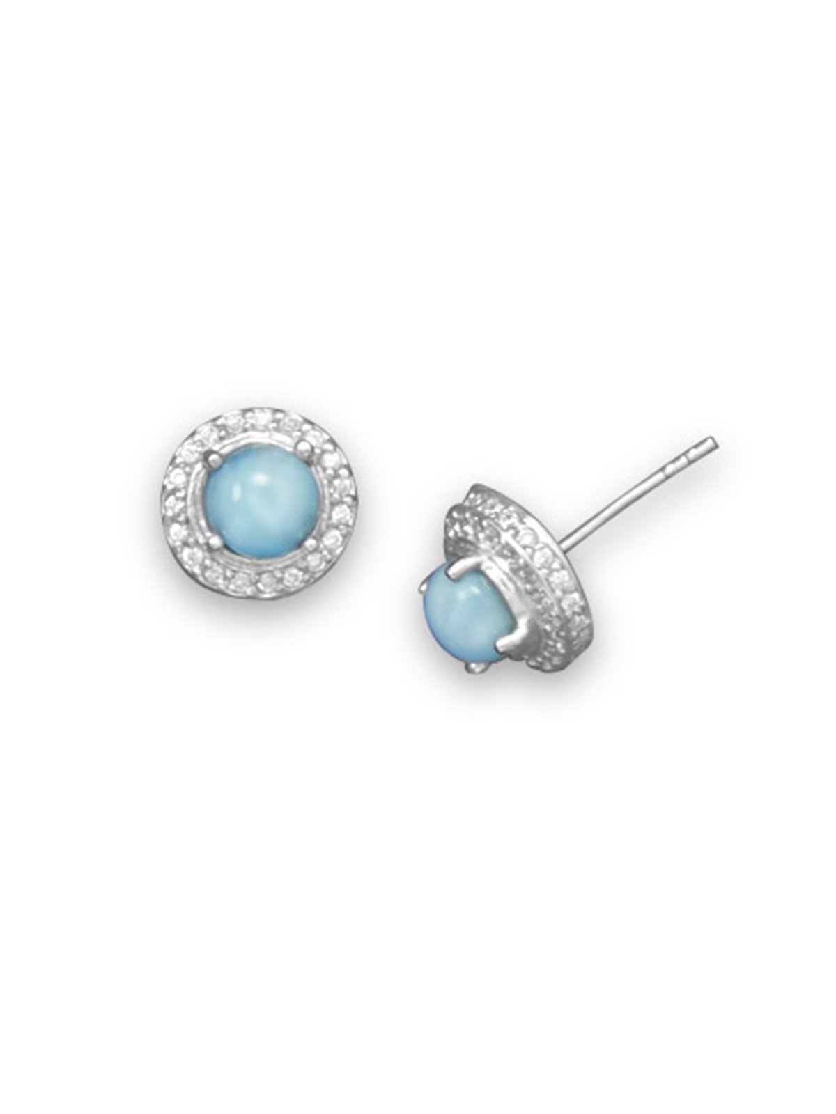 Larimar Stud Earrings with Cubic Zirconia Halo - Sterling Silver Rhodium Plated Jewelry for Women - Perfect for Weddings, Parties & Everyday Wear