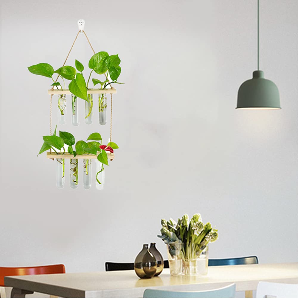 2 Tiered Wall Hanging Glass Planter Set - 8 Pcs Mini Test Tube Terrarium with Wooden Stand for Hydroponic Plants, Flower Propagation - Perfect for Home, Office, Garden & Patio Decor | Indoor Vertical Gardening Solution