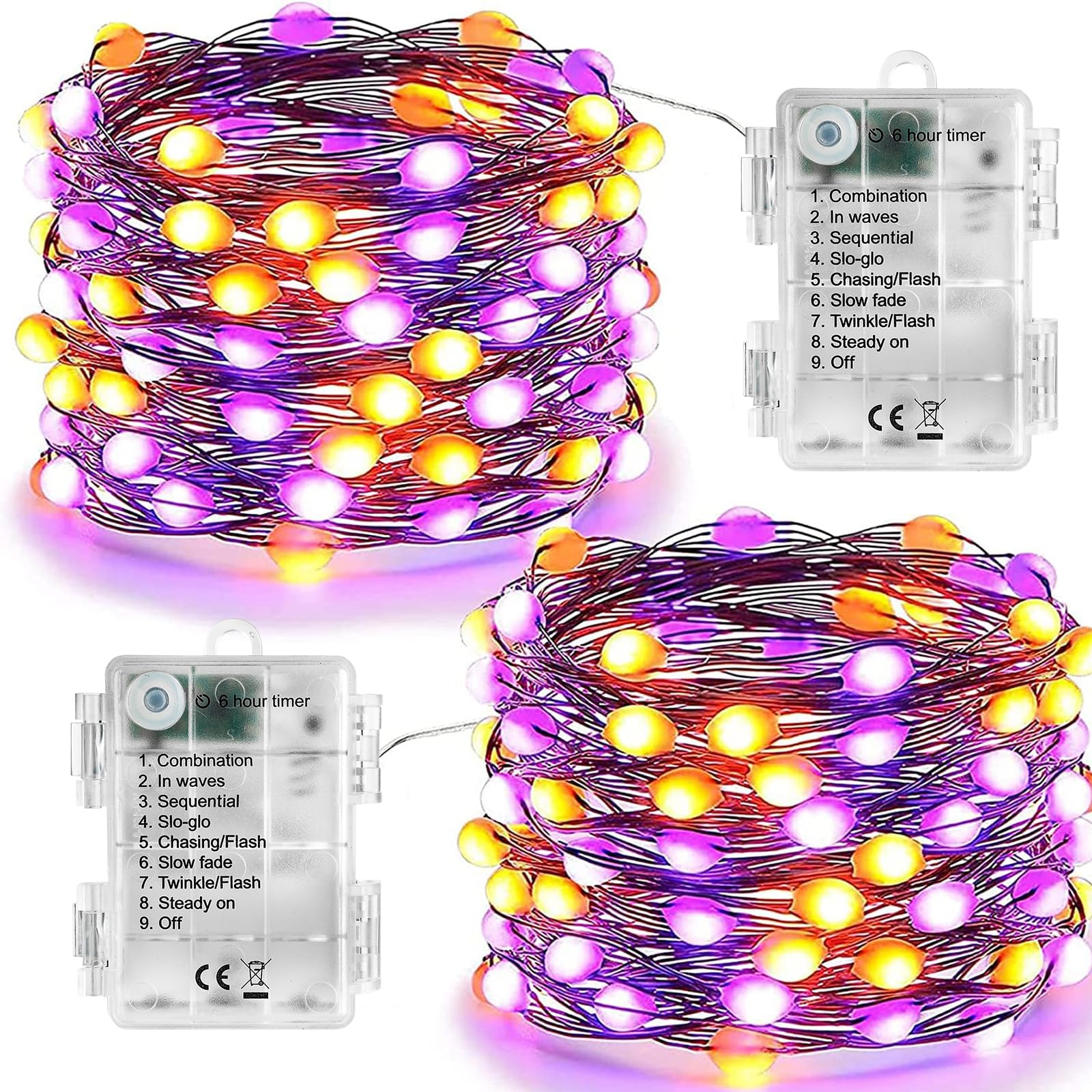 Orange Purple Halloween String Lights - 17.59ft 50 LED Waterproof Fairy Lights with 8 Modes & Battery Power for Outdoor Haunted House Decorations, Party, Garden, and Yard Halloween Decor