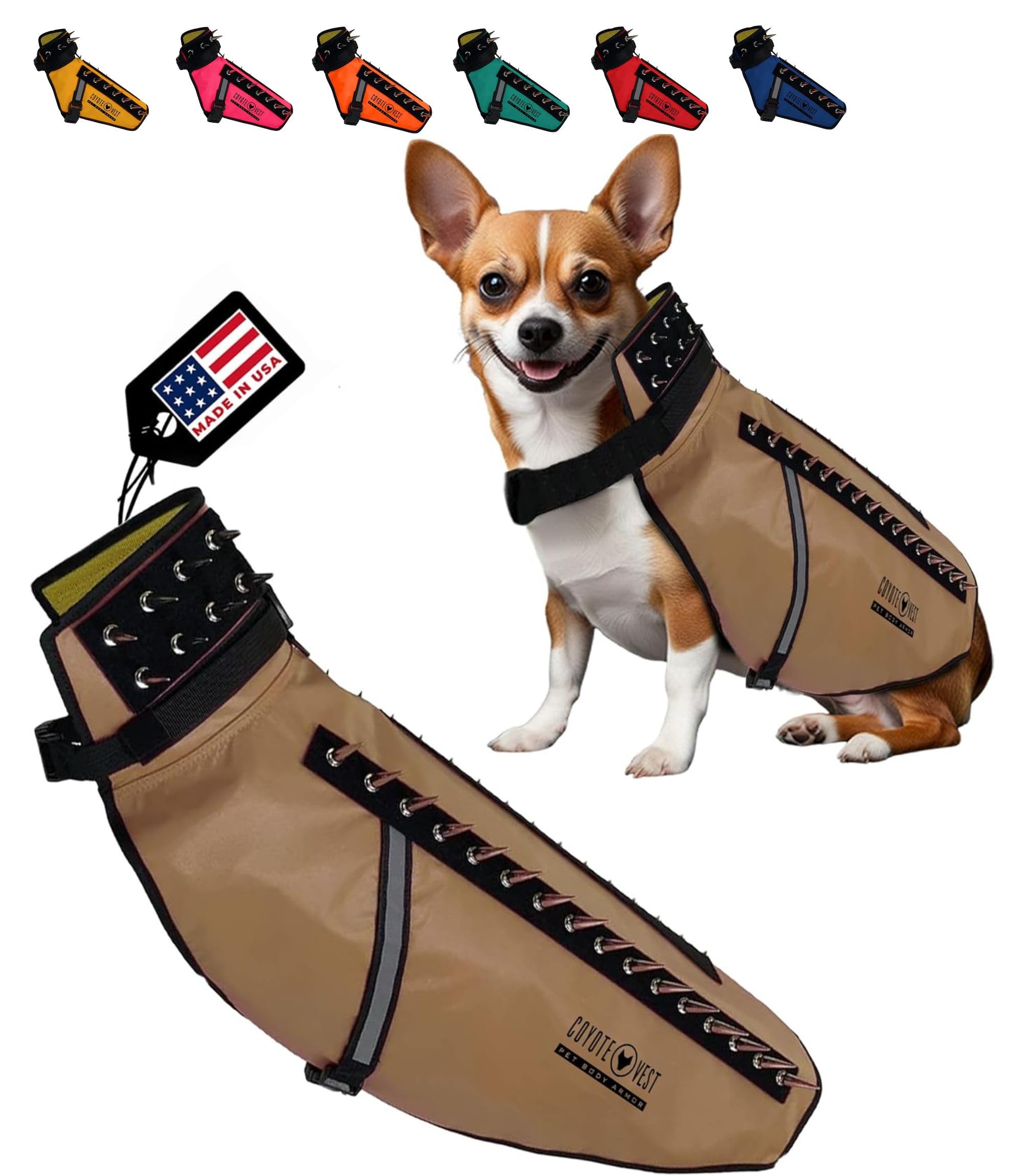 CoyoteVest Dog Harness Protection Vest with Reflective Spikes - Anti-Raptor & Animal Attack Shield for Dogs - USA Made (Large, Texas Tan) - Perfect for Hiking, Camping & Outdoor Adventures