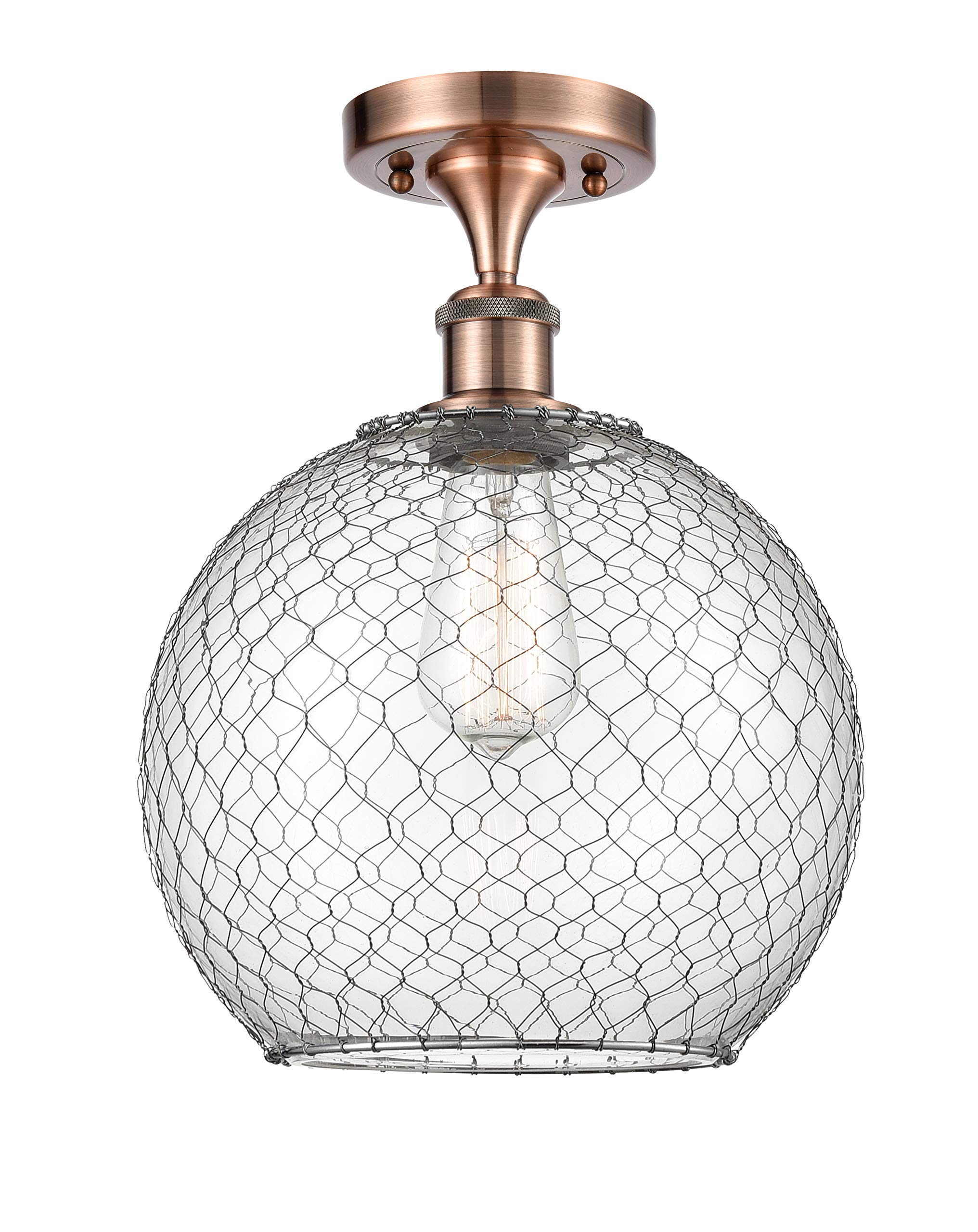 Ballston Collection Antique Copper Farmhouse Chicken Wire Semi-Flush Mount Light Fixture - 1-Light Large Rustic Ceiling Lamp for Kitchen, Dining Room & Country Home Decor