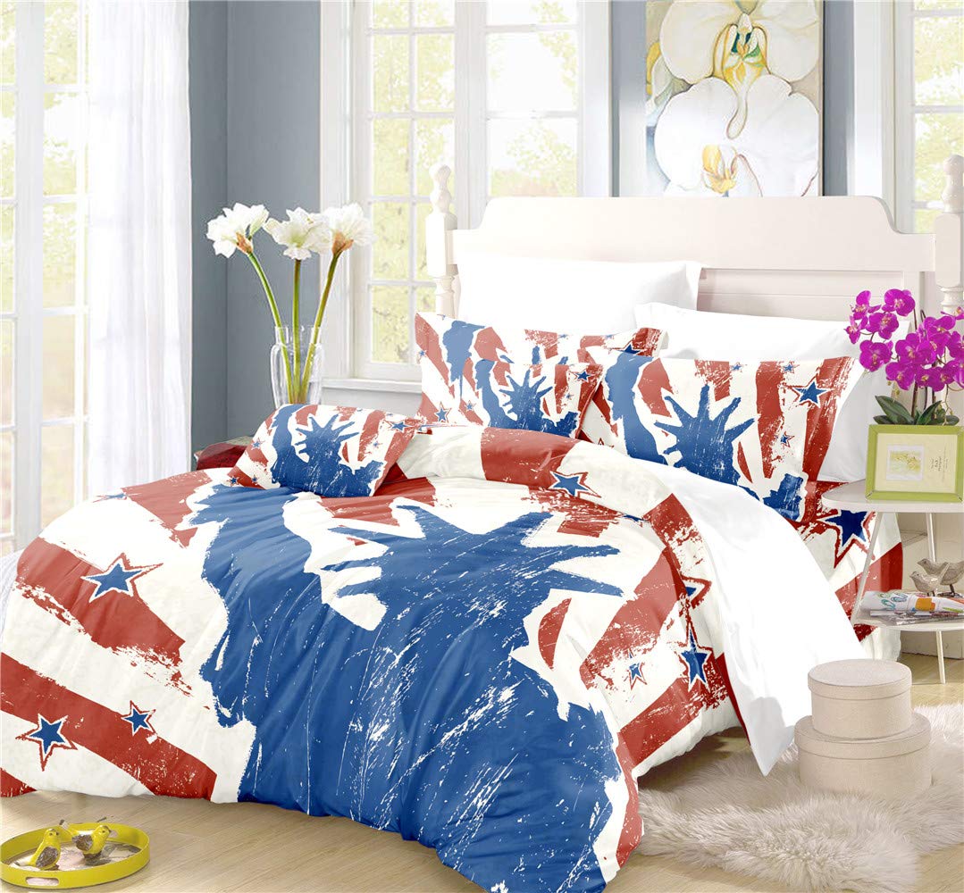 REALIN Stars and Stripes Duvet Cover Set - Vintage American Flag Bedding in Red, White & Blue - 2/3/4PC Quilt Cover with Sheets & Pillow Shams - Twin/Full/Queen/King Size (King 229x259cm 4PC) - Perfect for Patriotic Home Decor, 4th of July Celebrations & Americana Themed Bedrooms