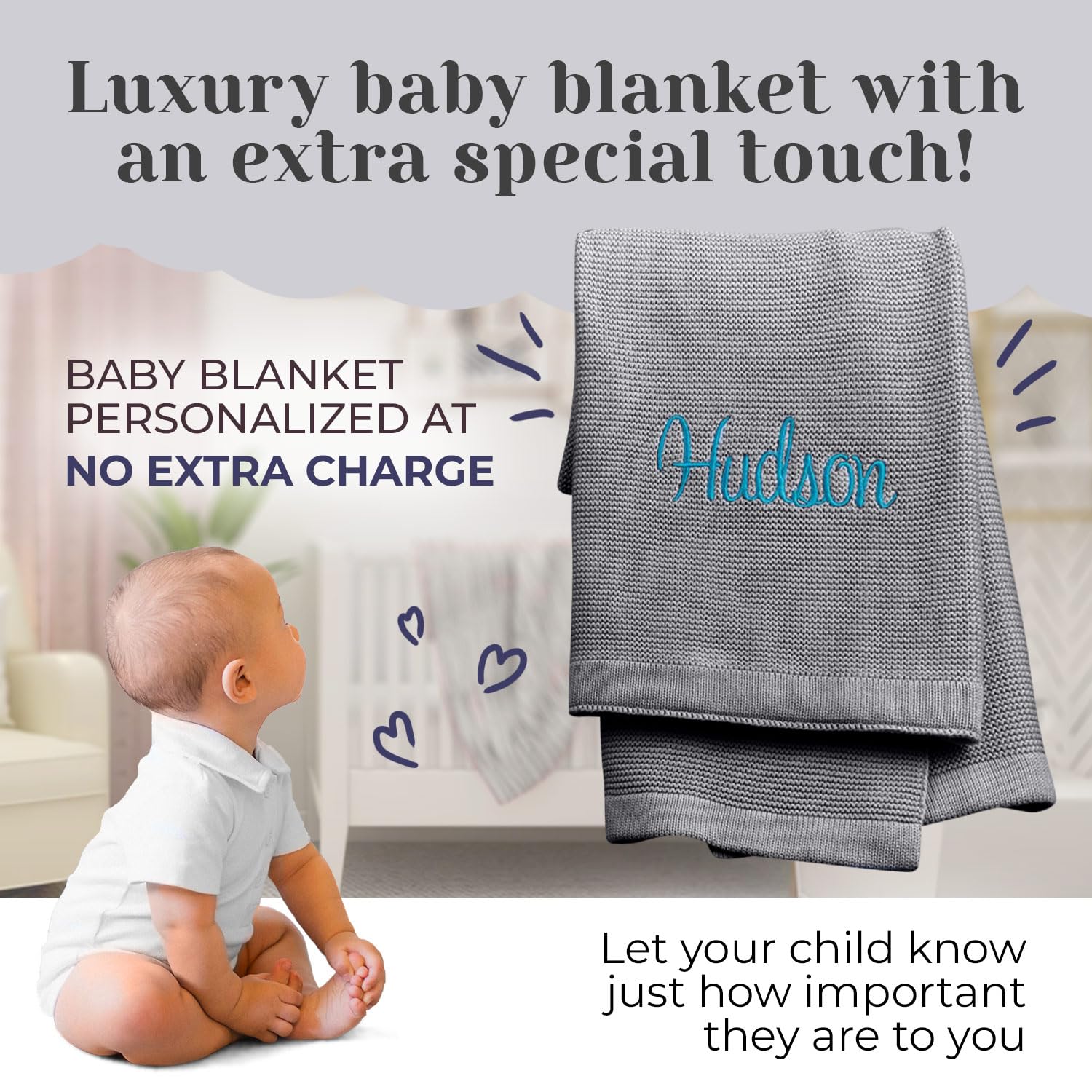 Custom Baby Blanket with Name - Personalized Newborn Gift for Boys & Girls - Soft Knit Cotton for Nursery & Travel