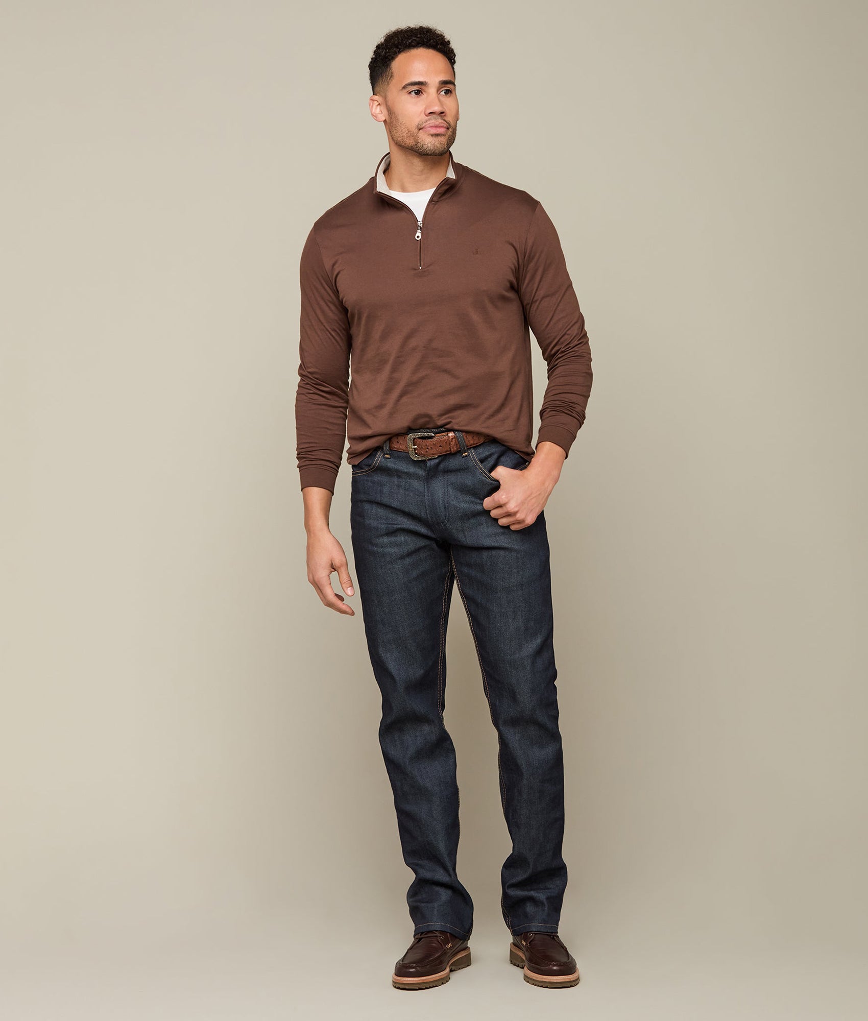 Lucchese Men's Pima Cotton Quarter Zip Pullover Sweater - Soft & Breathable Brown Knit Top for Casual & Business Wear | Perfect for Office, Travel & Outdoor Activities