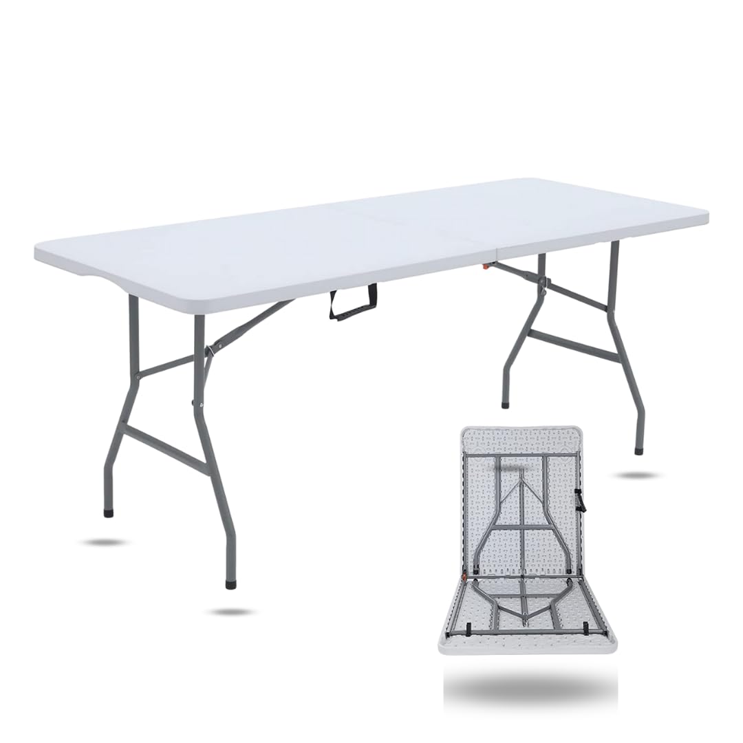 6ft Foldable Heavy Duty Plastic Table - Sturdy Portable Utility Table for Indoor & Outdoor Use - Perfect for Parties, Picnics, Camping, Weddings, Catering, Garden Dining - White - Pack of 2 - Great for Home, Office, Events and Temporary Workspaces